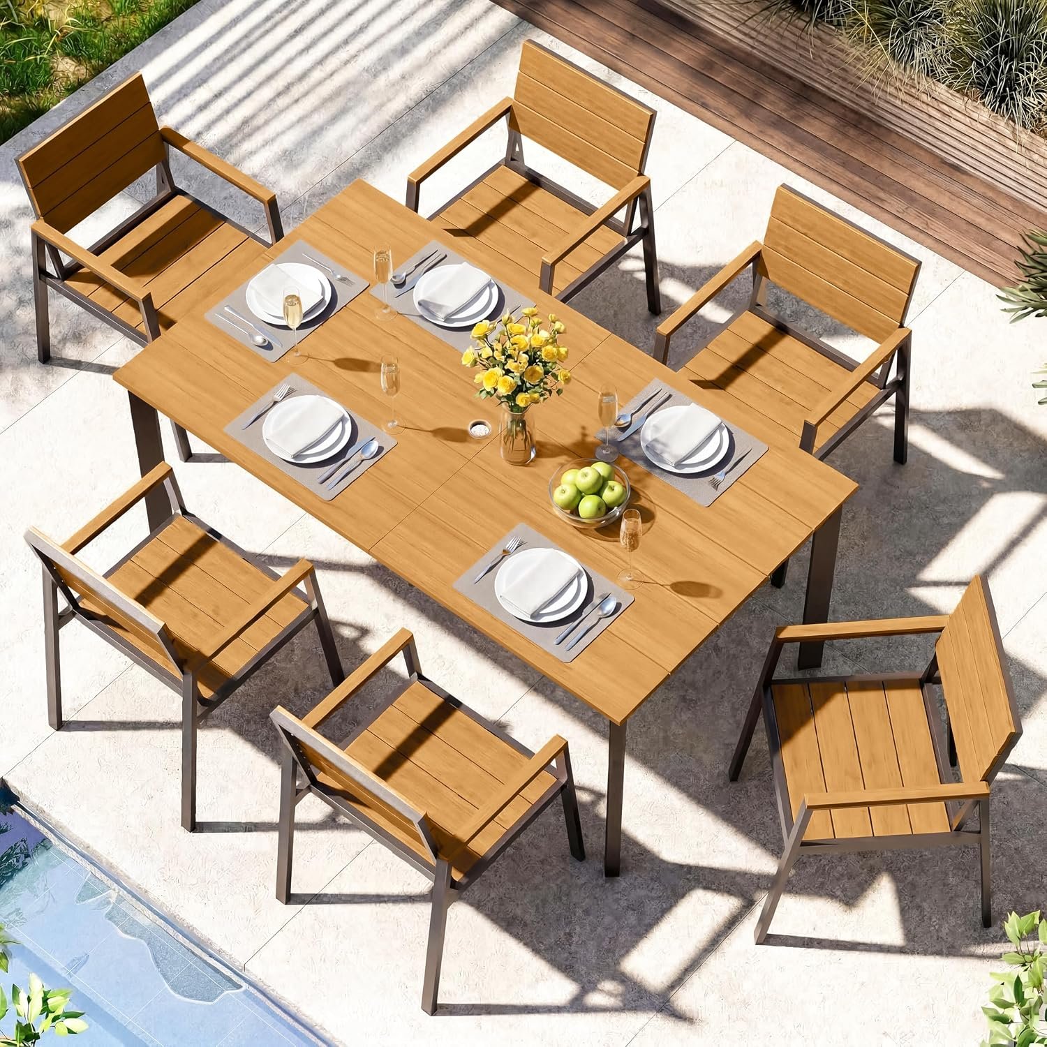 Outdoor Dining Set, Aluminum Patio HDPS Outdooor Table and Chairs Set with Umbrella Hole, All Weather Patio Furniture Set, Patio Dining Table Set ,Gray & Teak ,7 Pieces
