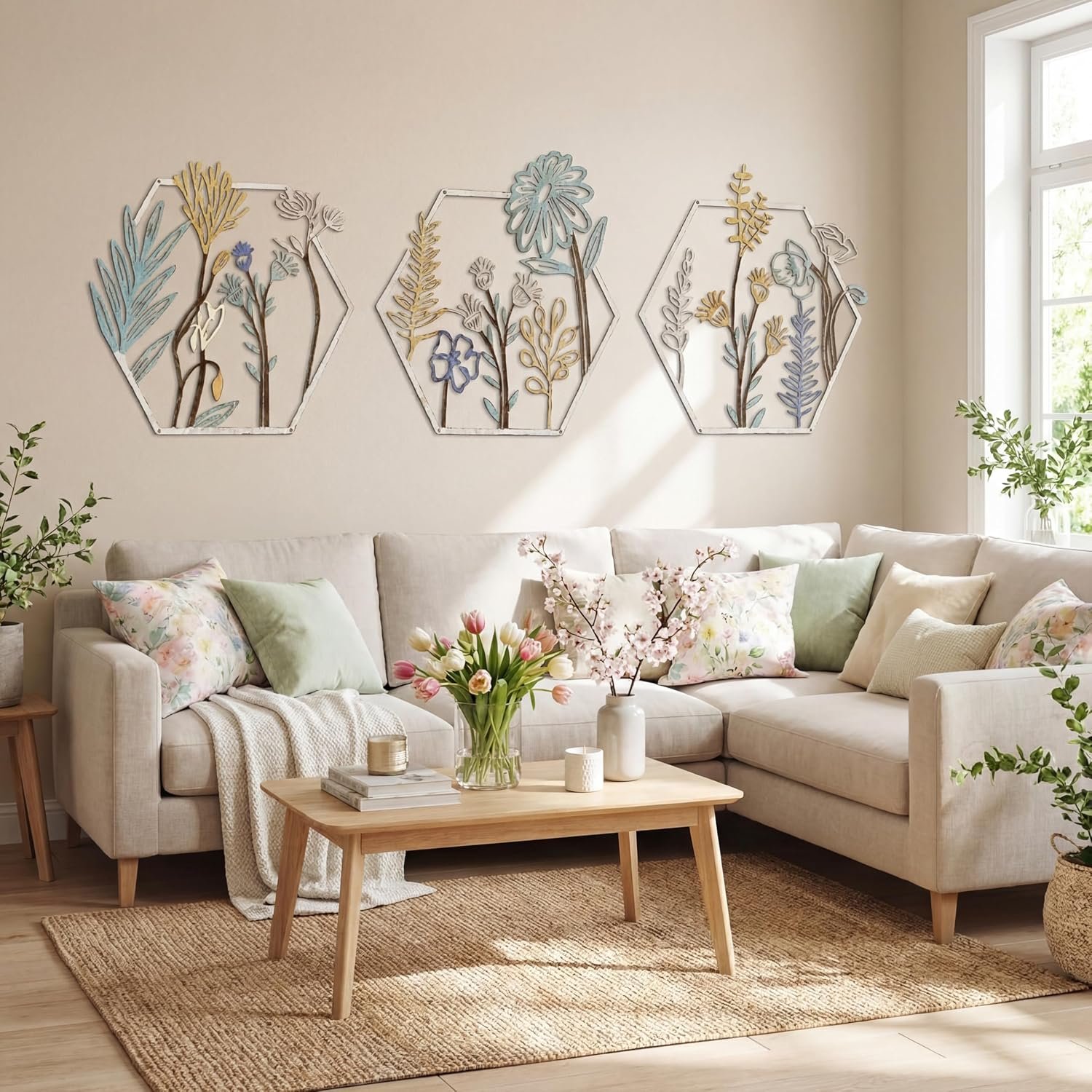 Peryiter 3 Pcs Metal Flower Wall Decor Minimalist Floral Wall Hanging Decor Floral Metal Rustic Flower Art for Summer Living Room Bathroom Kitchen Indoor Outdoor(Beige Gold)