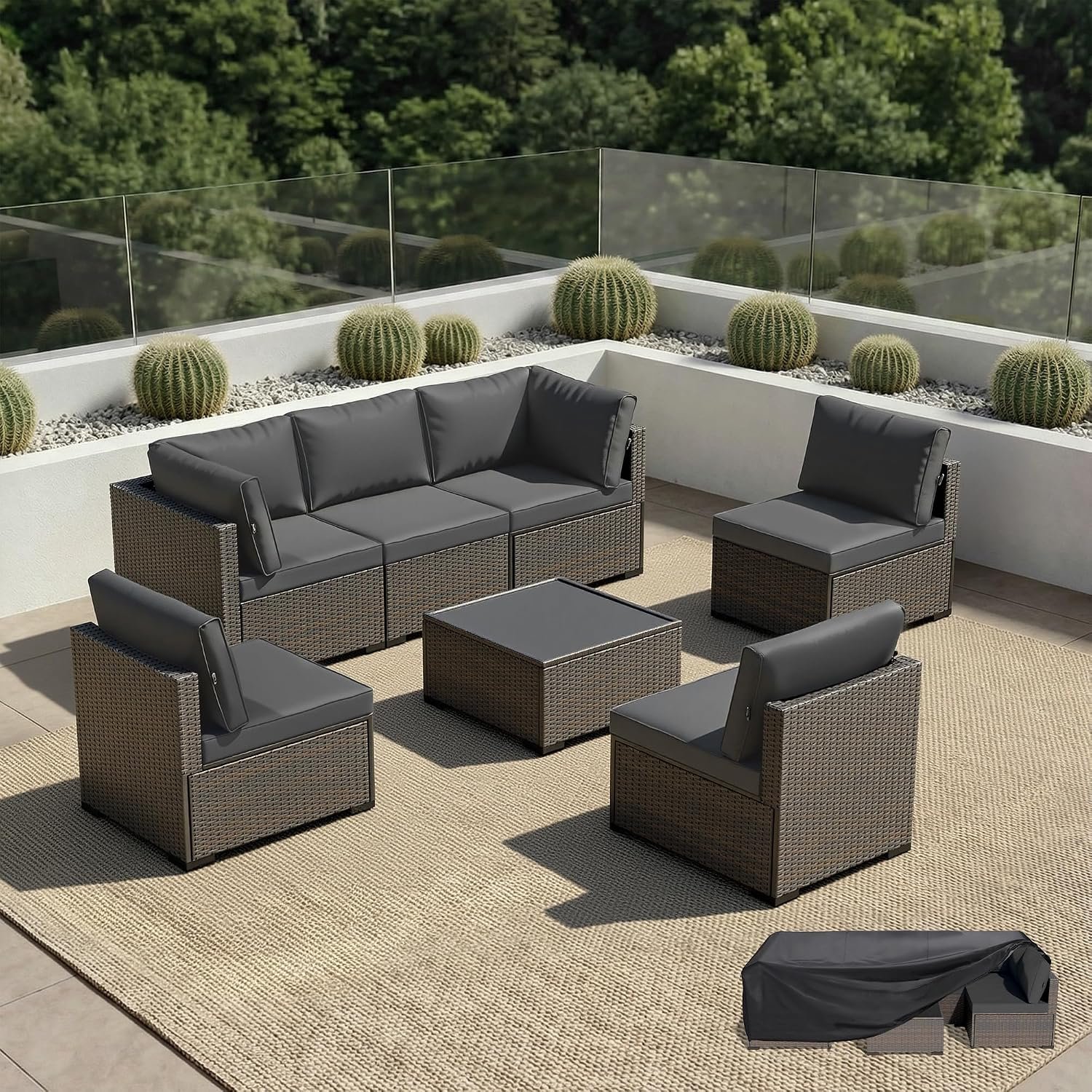 Patio Furniture Set – All-Weather – 7 Piece Patio Outdoor Conversation Set, Modular Wicker Rattan Sectional Sofa for Backyard, Garden, Poolside, Balcony, Porch, Patio, Brown/Dark Gray