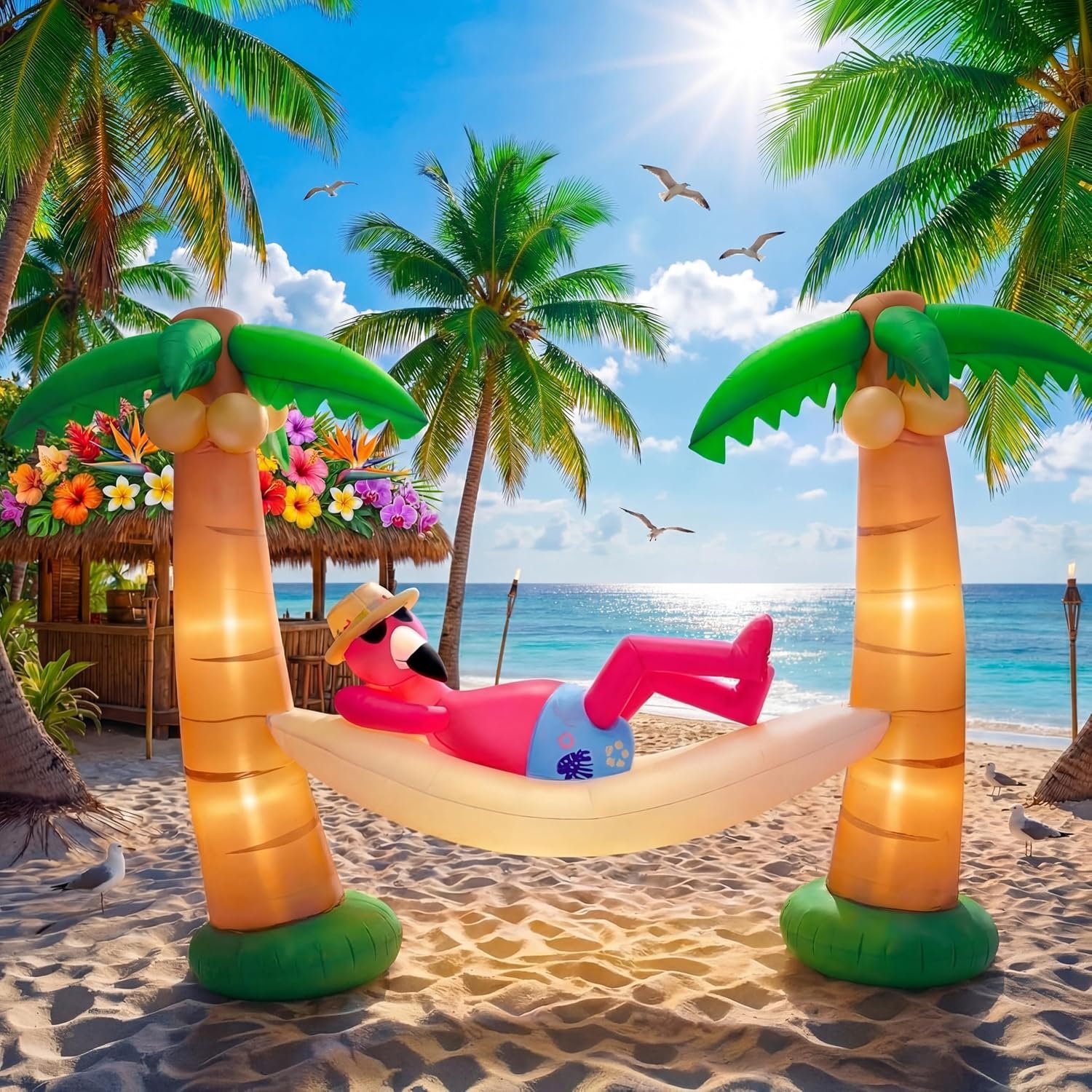 Summer Inflatable Outdoor Decor Flamingo in Hammock with Palm Trees 5 ft LED Lighted Inflatable Palm Trees Blow up Flamingo for Luau Hawaiian Tropical Jungle Party Pool Beach Yard Lawn Decoration