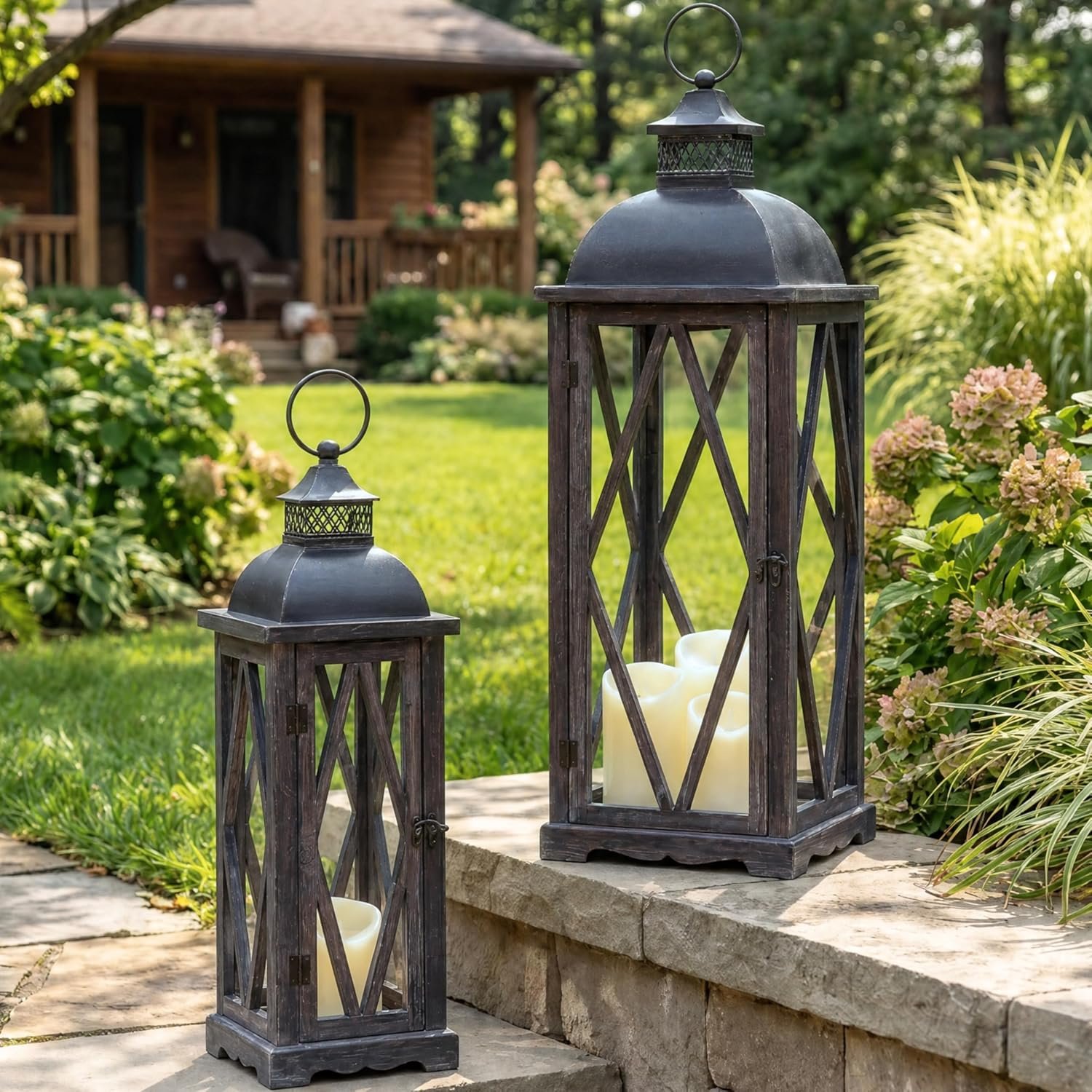 Perfnique Farmhouse Outdoor Lanterns for Patio, Set of 2 Rustic Lanterns Decor, Vintage Hanging Candle Holder Decorative for Porch, Garden, Yard, Indoor (No Glass, Dark Brown)