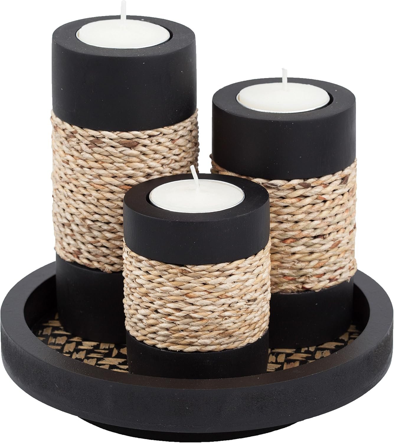 IYARA CRAFT Tealight Candle Holders with Tray – Set of 3 Rustic Black Wooden Candle Holders with Natural Rope Accent, Cozy Centerpiece for Romantic Dinner Table Decor, Anniversary & Housewarming Gifts