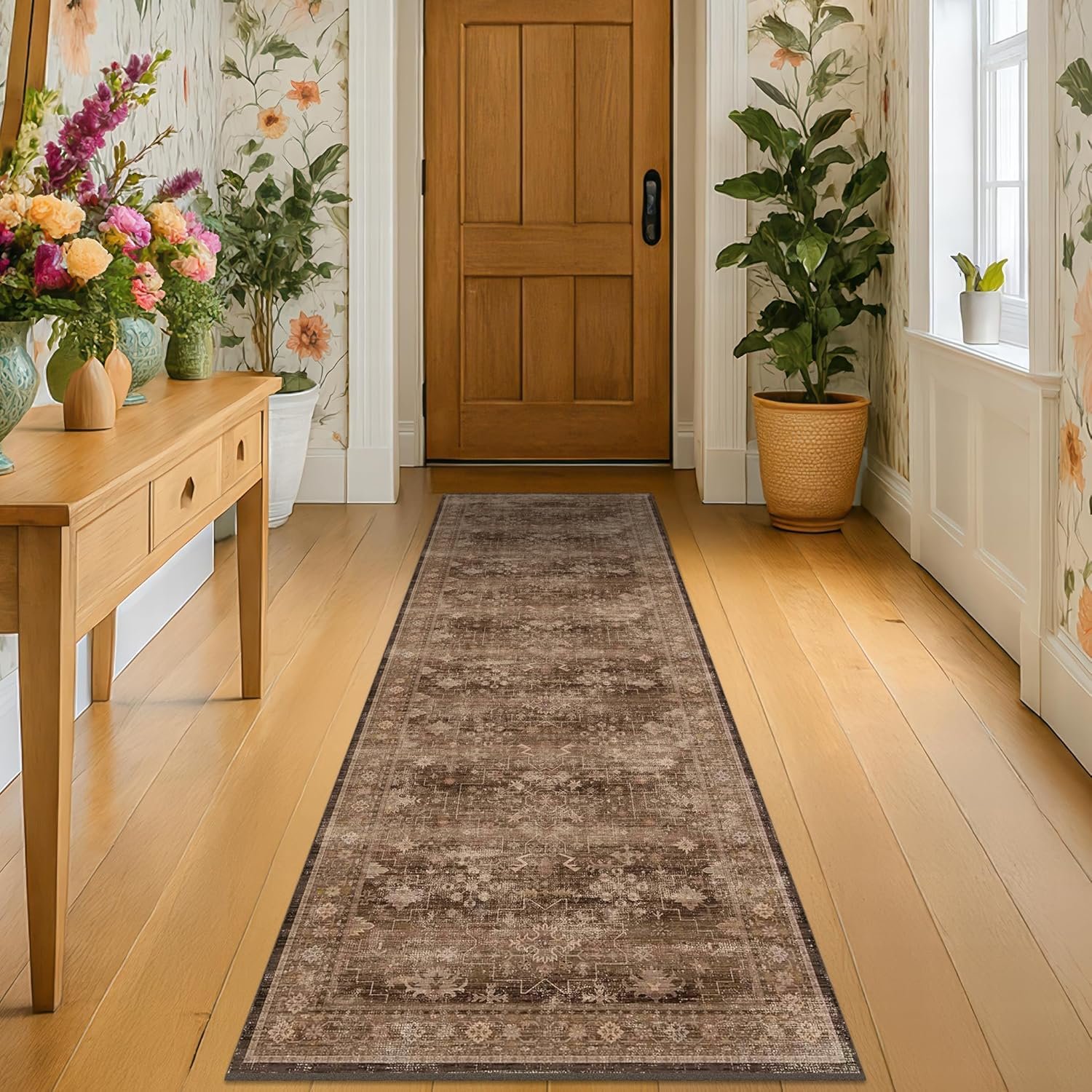 Brown Boho Washable 2×6 Runner Rugs for Hallway Kitchen Bedroom Beside Laundry Room Bathroom Rug, Pet & Kids Friendly, Non Slip Low Pile Stain Resistant Soft Faux Wool Long 24 x 72 Floor Carpet