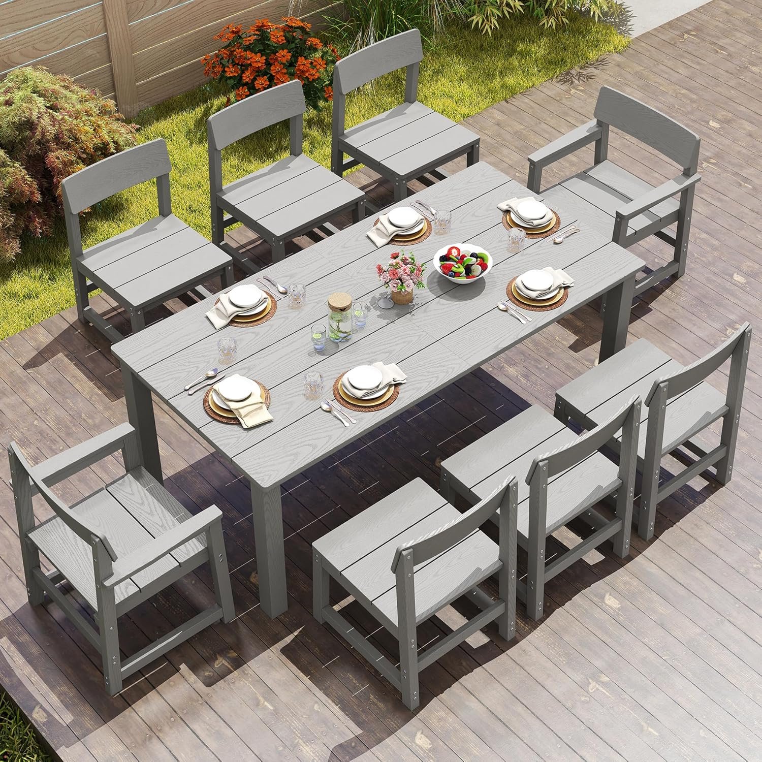 Jocoevol 9 Piece Patio Dining Sets for 8 HIPS Outdoor Dining Table Set with Umbrella Hole Table and 8 Chairs Furniture for Backyard Poolside Garden, Grey