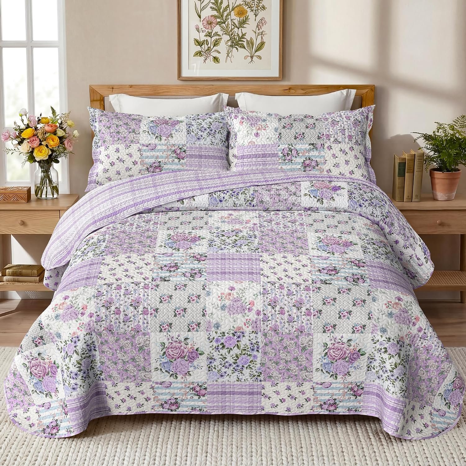 Purple Patchwork King Quilt Floral King Size Quilt 3 Pieces Bedding Set Reversible Soft Lightweight Bedspread Coverlet for All Season, 106″x96″ (1 Quilt, 2 Pillow Shams)