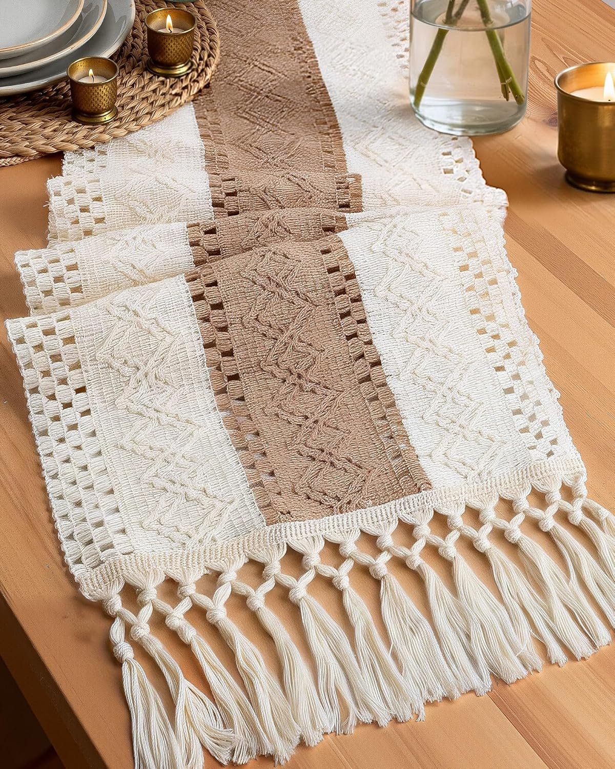 Pureegg Boho Table Runner 12 x 72 Inch, Brown, Woven Tassel Design | Dining Table,Farmhouse,Kitchen,Coffee Table,Living Room,Dresser Scarf,Farmhouse Decor,Woven,Durable,Machine Wash