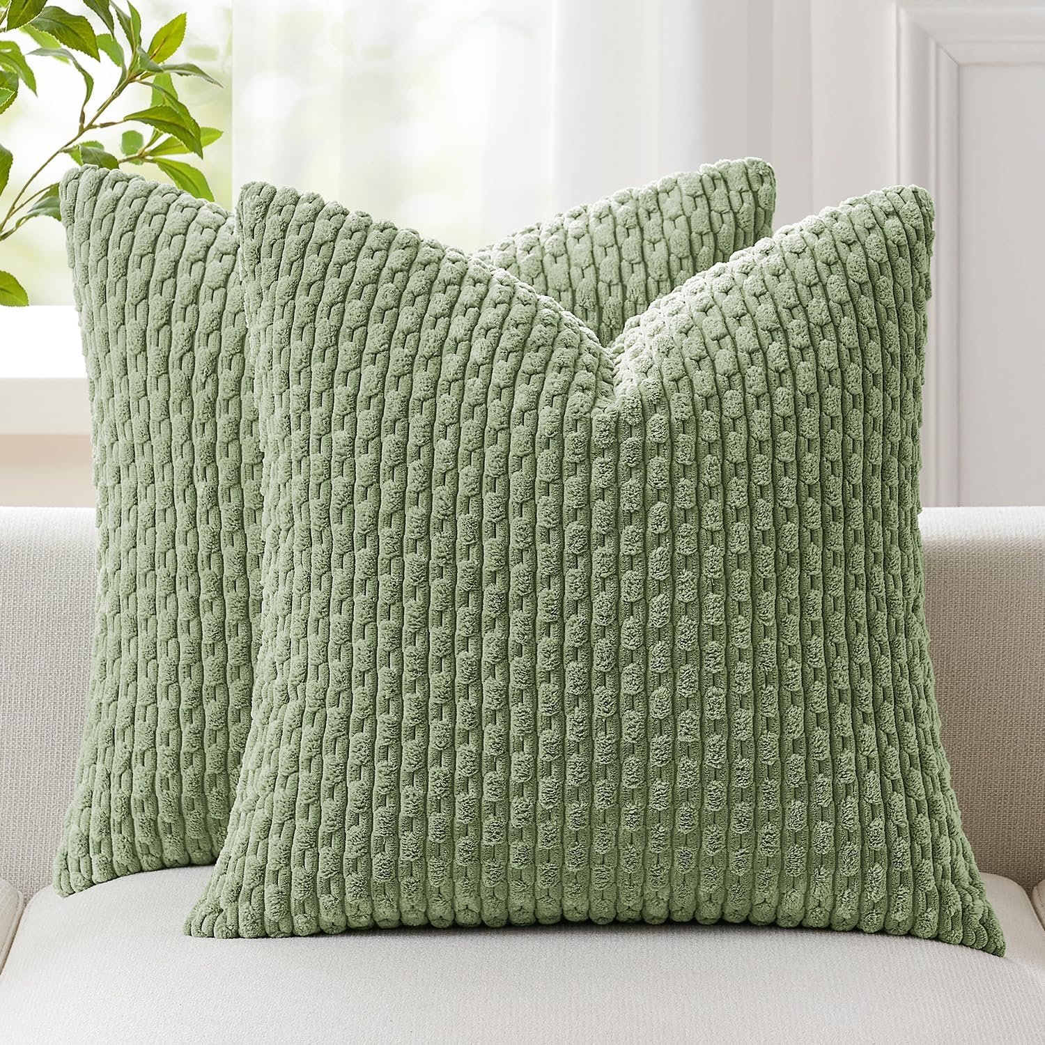 Kevin Textile 2 Packs Spring Decorative Throw Pillow Covers 18×18 Inch for Living Room Couch Bed Spring Sofa Soft Striped Corduroy Square Cushion Case 45×45 cm Farmhouse Boho Home Decor Sage Green