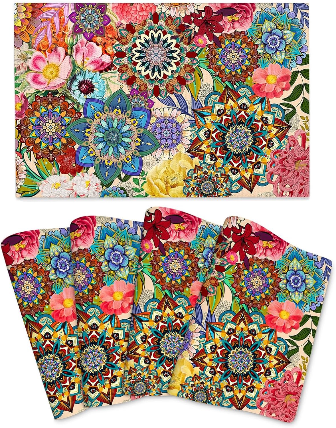 Boho Floral Placemats Set of 4, Colorful Flowers Decorative Dining Table Mats 12″x18″, Washable Place Mat for Kitchen Dining Holiday Party Home Decor, House Warming Gifts for New Home Women