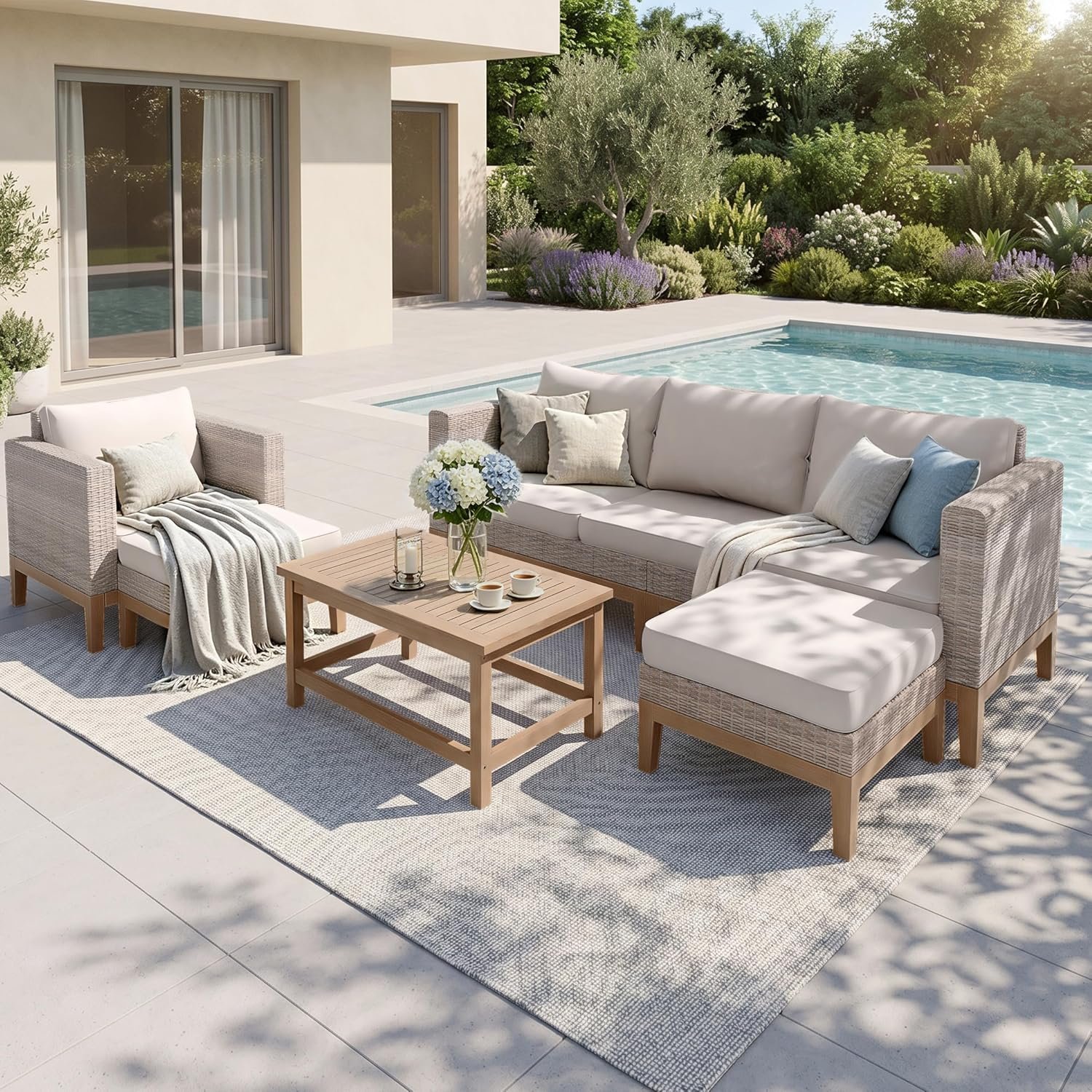 Sophia & William Patio Furniture Set, 5-Piece Wicker Patio Conversation Set, Rattan Outdoor Sectional Sofas with Ottomans & Wooden Coffee Table, Beige
