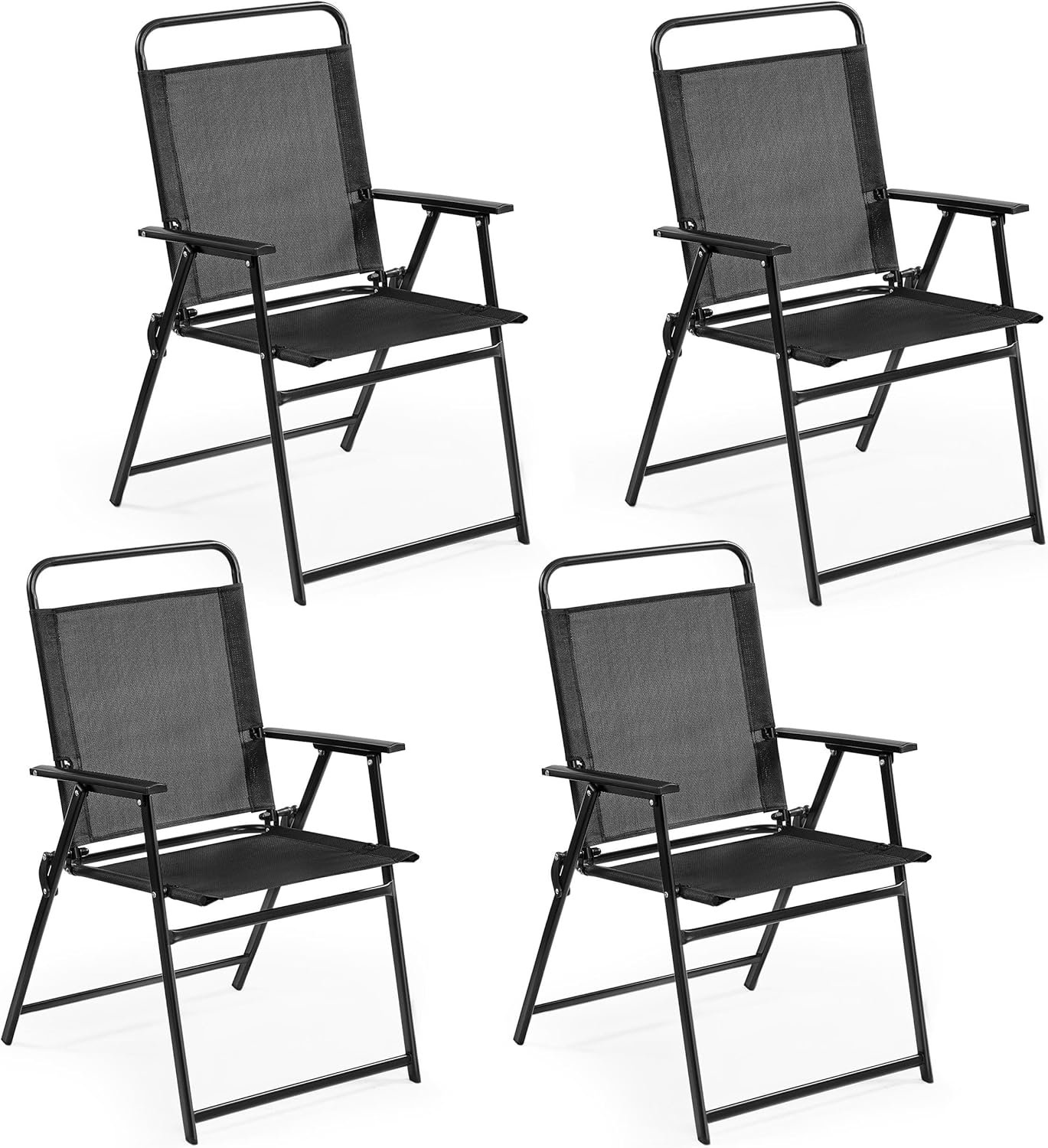 Yaheetech Outdoor Folding Patio Chairs Set of 4, Portable Outdoor Folding Chairs for Outside, Lawn, Garden and Porch with Metal Frame, Armrests, Stackable, Foldable and Portable Design, Black