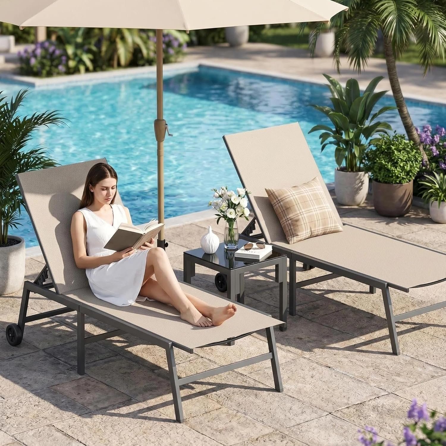 UDPATIO 3 Piece Outdoor Lounge Chair Set 2 Adjustable Textilene Chaise Lounges with Wheels & Side Table 5-Position Reclining Rust Free Patio Chairs for Poolside Backyard Garden Deck Beach