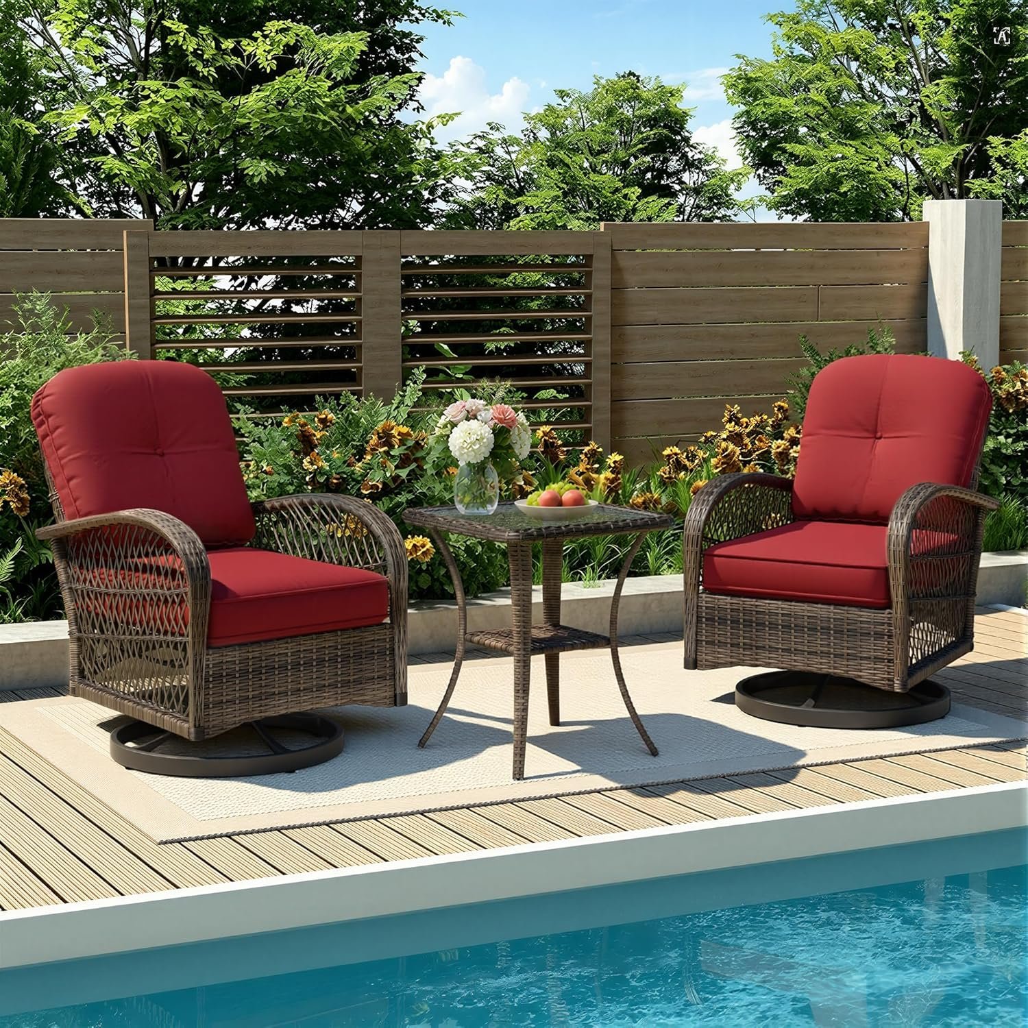 MELLCOM 3 Pieces Patio Furniture Set, Outdoor Swivel Rocker Patio Chairs, Wicker Patio Bistro Set with Rocking Chair, Thickened Cushions and Glass Coffee Table for Backyard, Garden, Wine Red
