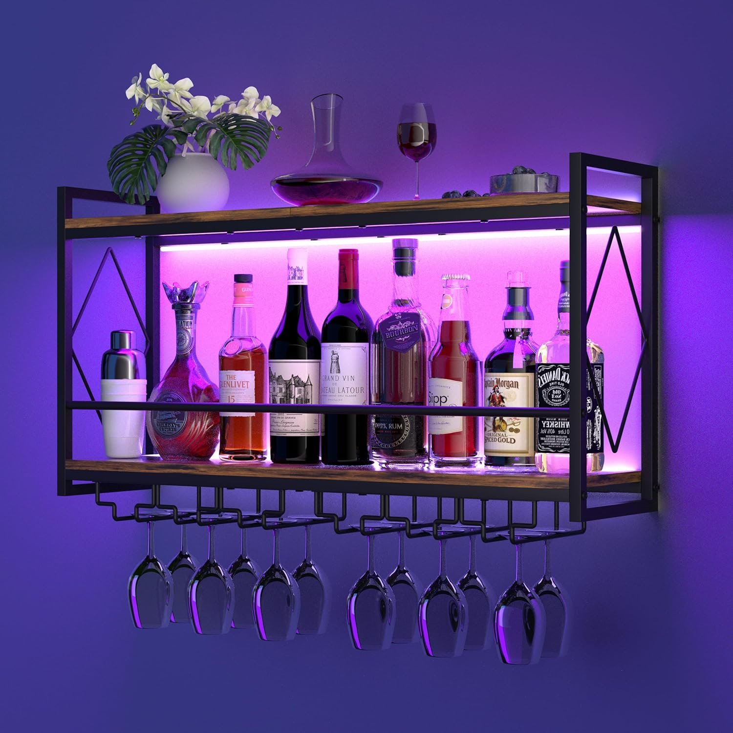 Wall Mounted Wine Rack with LED Light, 31.5″ Bar Liquor Shelves with Glass Holder, Metal Hanging Bar Shelves Wine Storage Rack Display for Kitchen Home Bar Dining Room Living Room