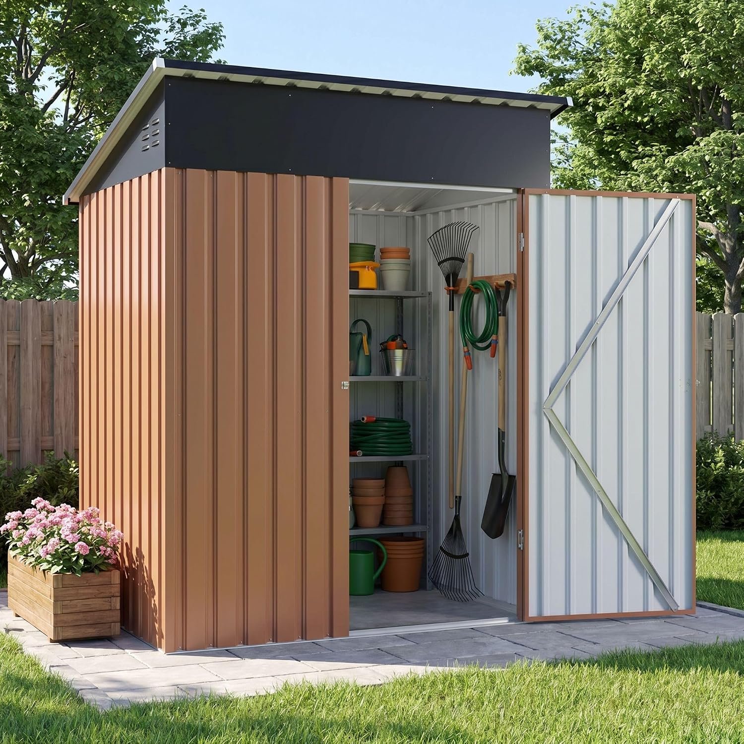 DAUSOLA 5×3 FT Outdoor Storage Shed, Metal Garden Tool Shed with Updated Frame Structure and Lockable Doors, Ideal for Backyard Garden Patio Lawn, Brown