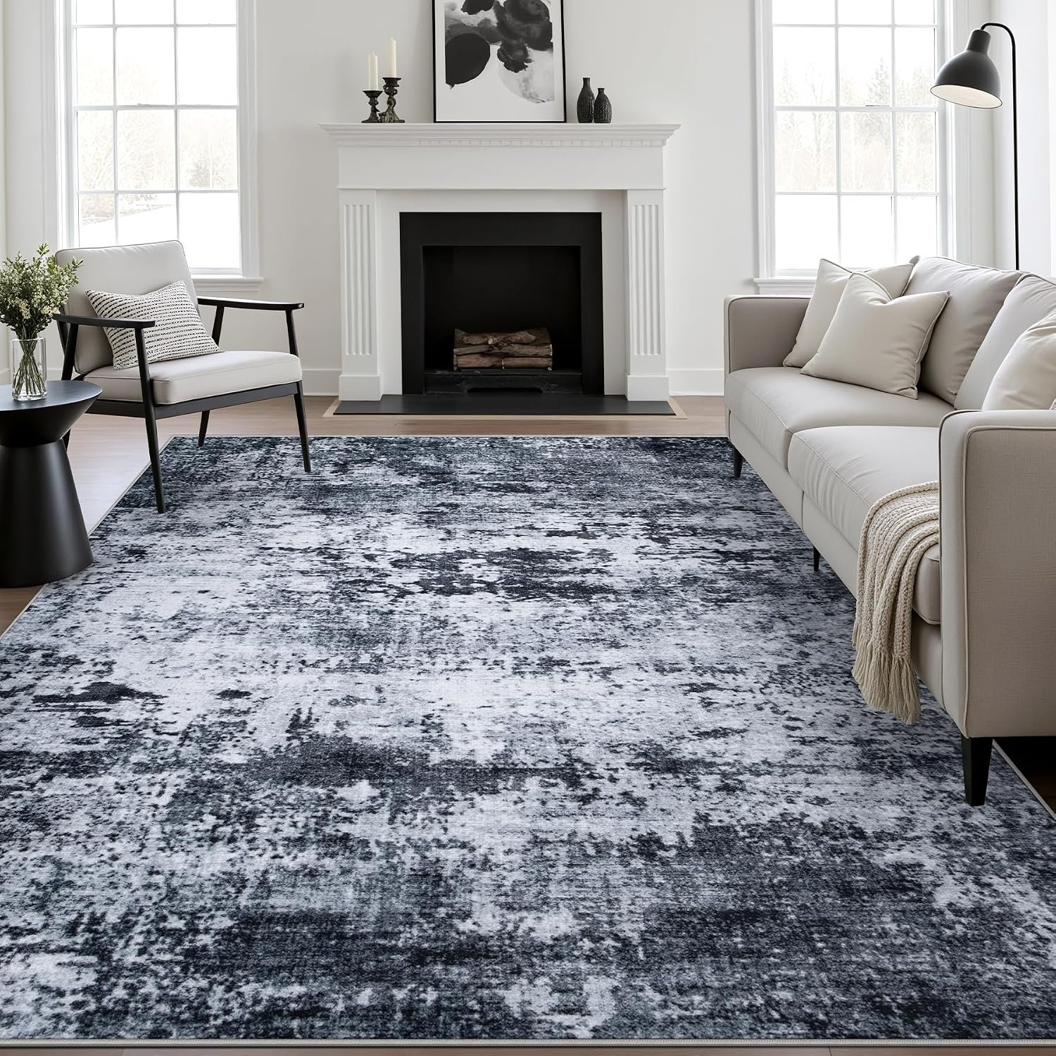 5×7 Area Rug Living Room Rug: Washable Modern Abstract Soft Thin Rug Indoor Floor No Slip Stain Resistant Carpet for Bedroom Dining Room Farmhouse Nursery Home Office – Black