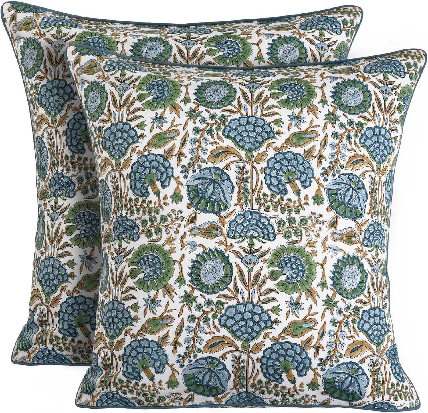 Ridhi Block Print Asparagus Green Pillow Cover 18″ x 18″ (Pack of 2) Decorative Couch Pillows for Living Room, Farmhouse Chic Boho Cute Outdoor Pillows Covers Gifts for Spring, Mother’s Day