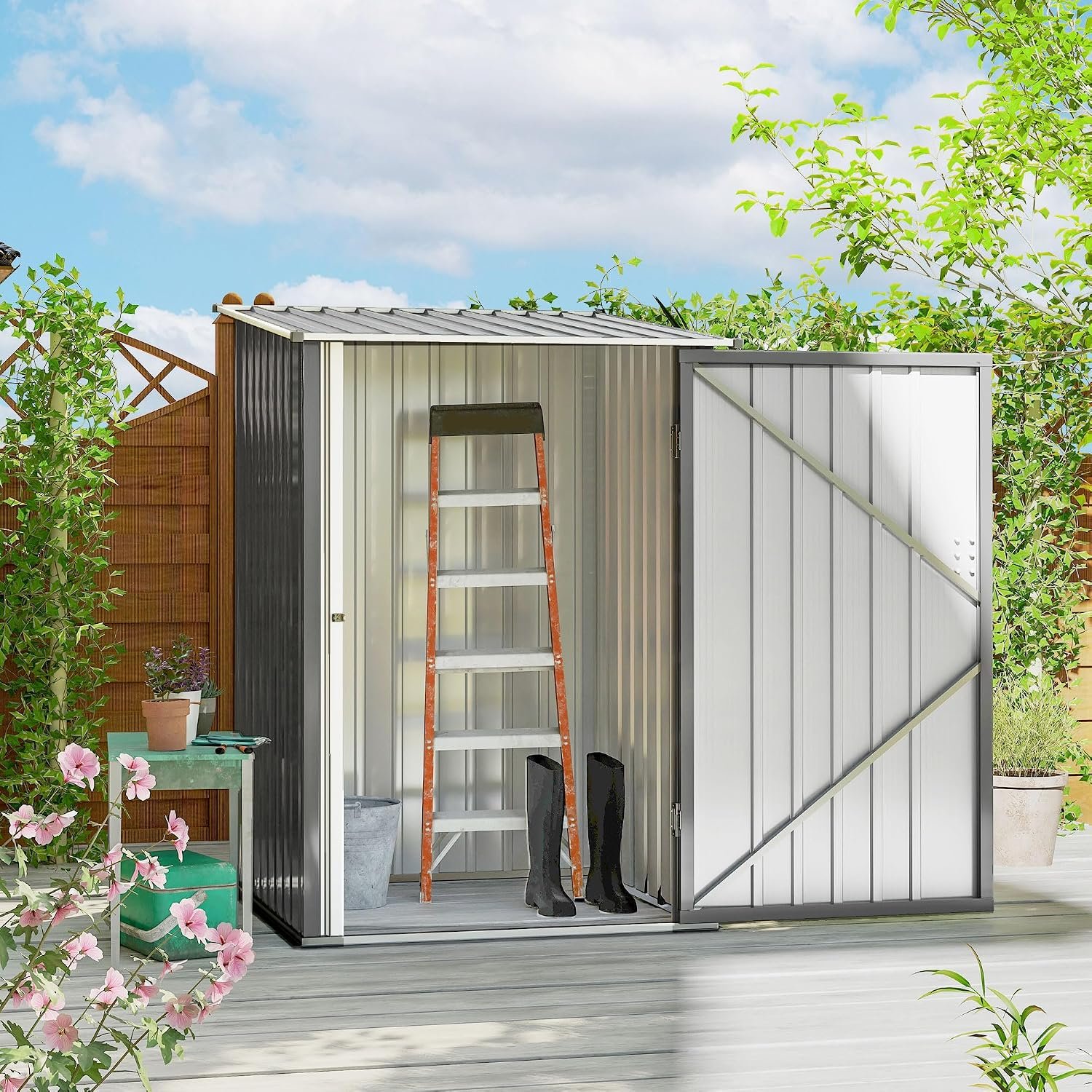 Outsunny 3.3′ x 3.4′ Outdoor Storage Shed, Metal Garden Tool House with Sloping Roof and Lockable Door for Backyard, Bike, Patio, Garage, Lawn, Gray