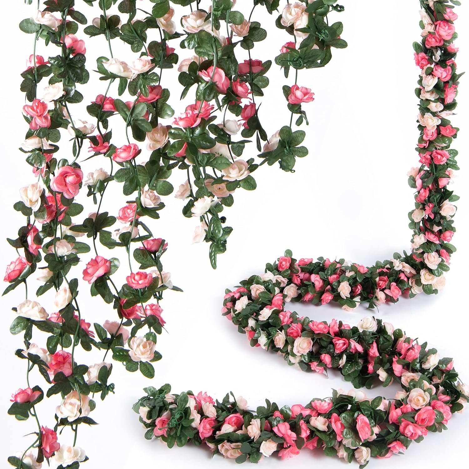 8pcs x 8.2ft Artificial Flower Garland Floral Rose Vine Decor, Pink Flowers | PONKING Fake Rose Vine Flowers Hanging Faux Roses String for Room Party Home Wedding Birthday Wall Arch Decoration