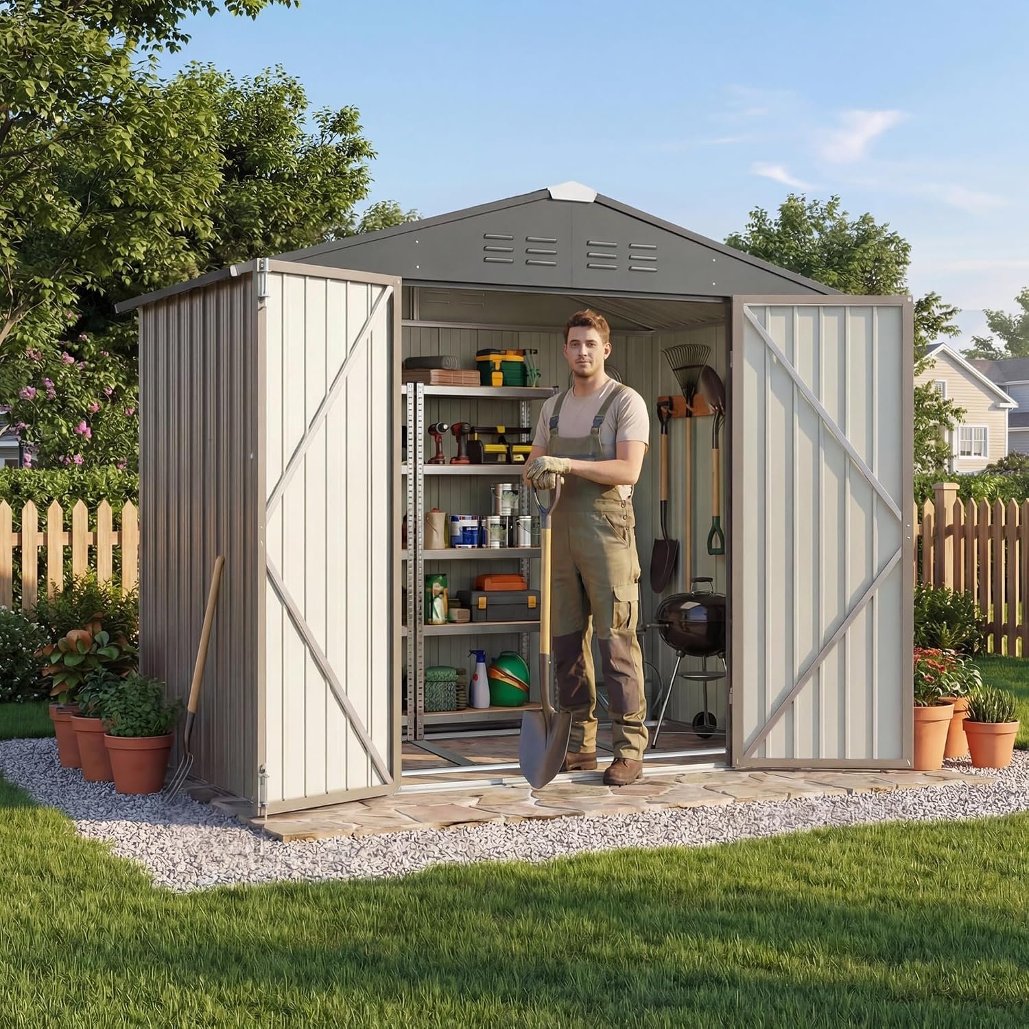 Devoko 6 x 4 FT Metal Storage Sheds with Floor Frame, Waterproof Garden Tool Shed with Lockable Door, Outdoor Utility Shed for Backyard Patio Lawn, Brown