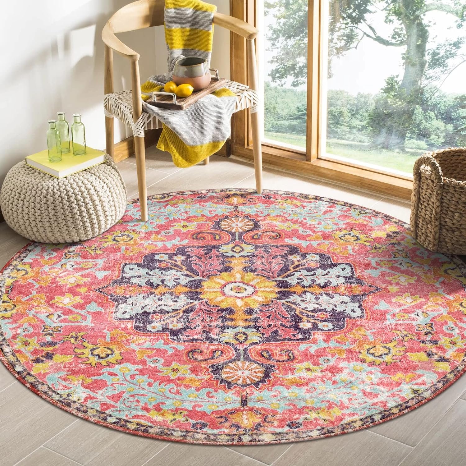 Lahome Bohemian Floral Medallion Round Rug – 4Ft Hot Pink Soft Round Area Rug Bedroom Kitchen Mat, Turkish Washable Indoor Floor Accent Bathroom Carpet for Nursery Living Room Home Office Hallway