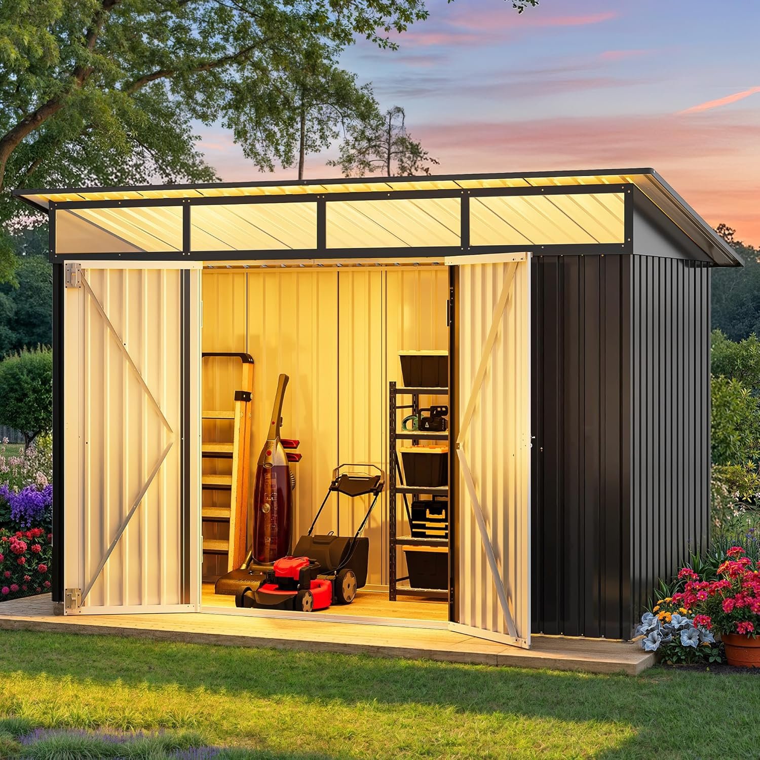 DWVO 9×4 FT Outdoor Storage Shed with Acrylic Windows, Utility Tool Shed Metal Storage Garden Shed with Door & Lock for Bike Storage, Waterproof Trash Shed for Backyard Garden Patio, Dark Dray