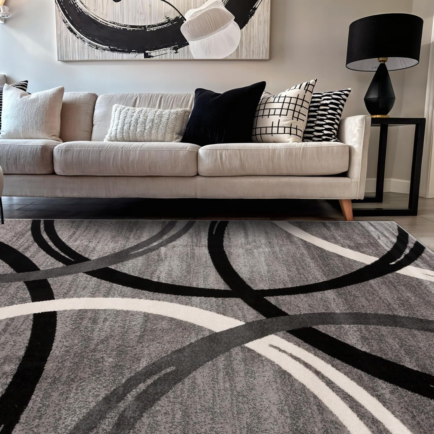Rugshop Wavy Circles Design Area Rug, Fade-Resistant Carpet for Living Room, Dining Room, or Bedroom, Gray, 5’3″ x 7’3″