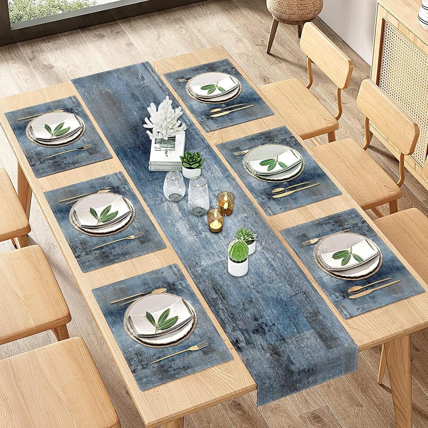 ArtSocket Farmhouse Table Runner and Placemats Set of 6, Abstract Blue Grey Gray Vintage Painting Art Dining Decor for Daily Use(1 Table Runner 72 inches Long and 6 Placemats)