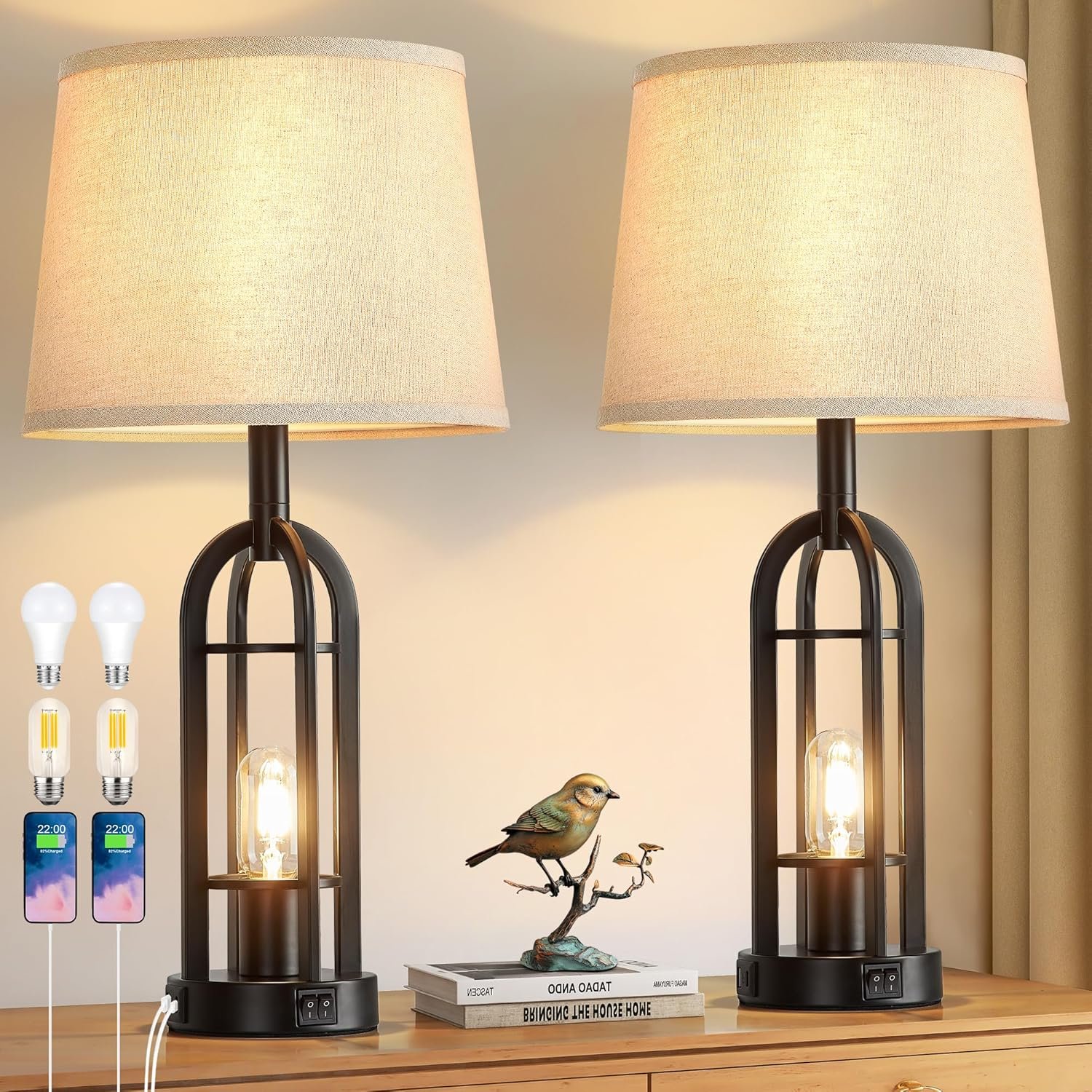 SRJJA Black Table Lamps for Living Room Set of 2 – Farmhouse Lamps for Night Stands with USB A+C, Bedside Lamps for Bedroom, 24” Industrial Lamp for Living Room End Tables