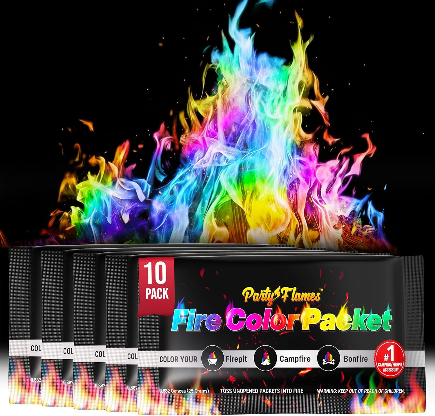 Magic Campfire Fire Color Changing Packets for Fire Pit (10 Pack) Outdoor Fireplaces & Bonfires, Rainbow Colored Flames – Perfect Camping Essential & Accessories – Must Have for Kids & Adults