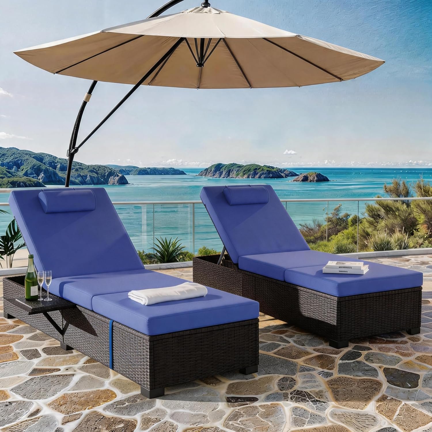 Garvee Outdoor Chaise Lounge Set of 2, 5-Position Adjustable Reclining PE Wicker Lounge Chairs with Cushions for Poolside, Garden, Patio, Backyard, Blue
