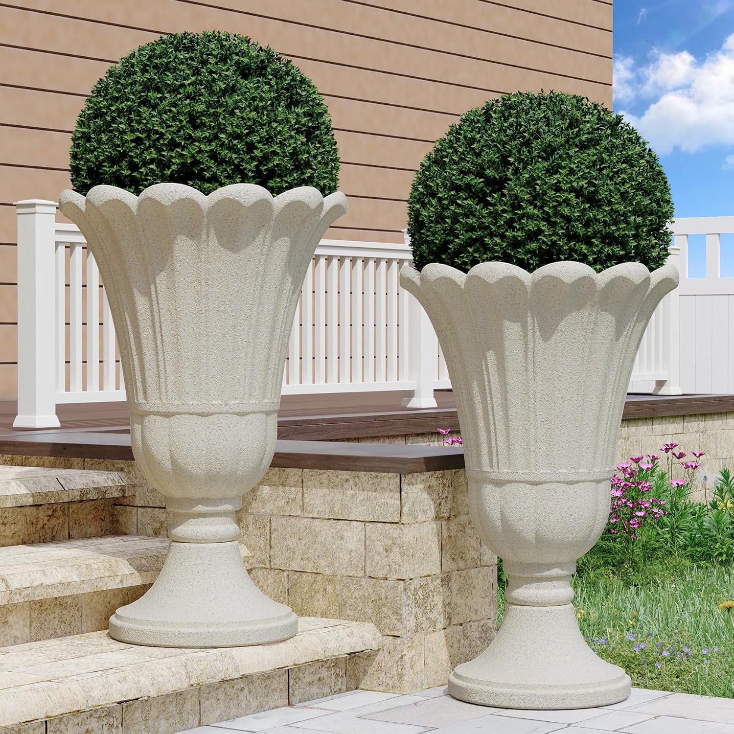 23″ Tall Planters for Outdoor Plants Set of 2, Planter with Drainage Holes and Petal Design, Large Outdoor Planters for Porch, Garden, Indoor, Beige