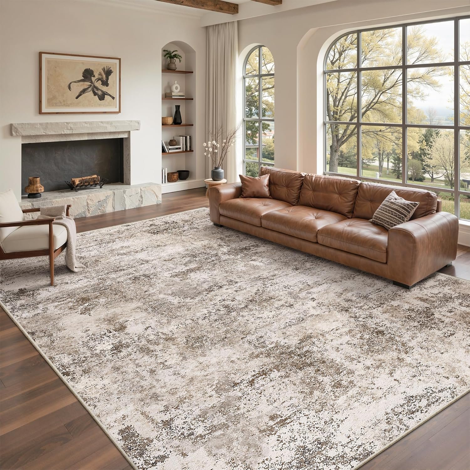 Cochyean 8×10 Area Rugs – Washable Rug for Living Room, Ultra-Thin Abstract Rug, Indoor Non-Slip Rug for Bedroom, Stain Resistant Large Area Rug, Super Soft Low Pile Rugs, Brown