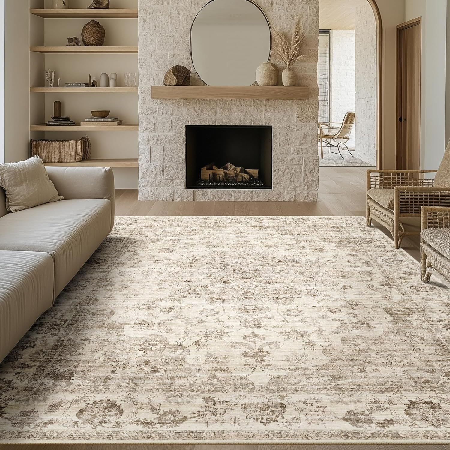8×10 Washable Neutral Area Rug Beige Vintage Living Room Bedroom Carpet Non-Slip Soft Low Pile Farmhouse Indoor Large Throw Rug for Dining Room Office