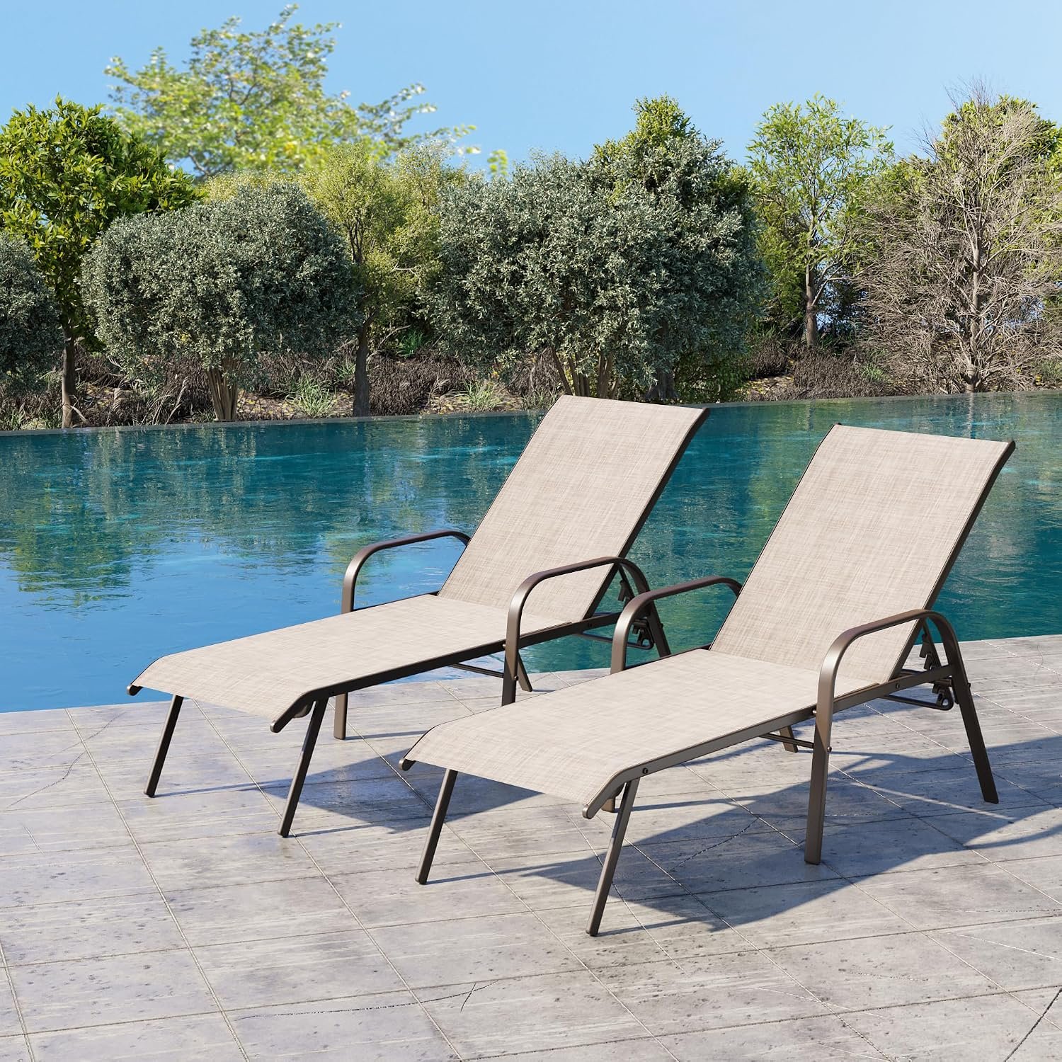 Crestlive Products Outdoor Chaise Lounge Chair,5-Position Pool Lounge Chairs with Armrests Sunbathing Recliner for Patio,Beach,Deck,Yard (2PC Beige)
