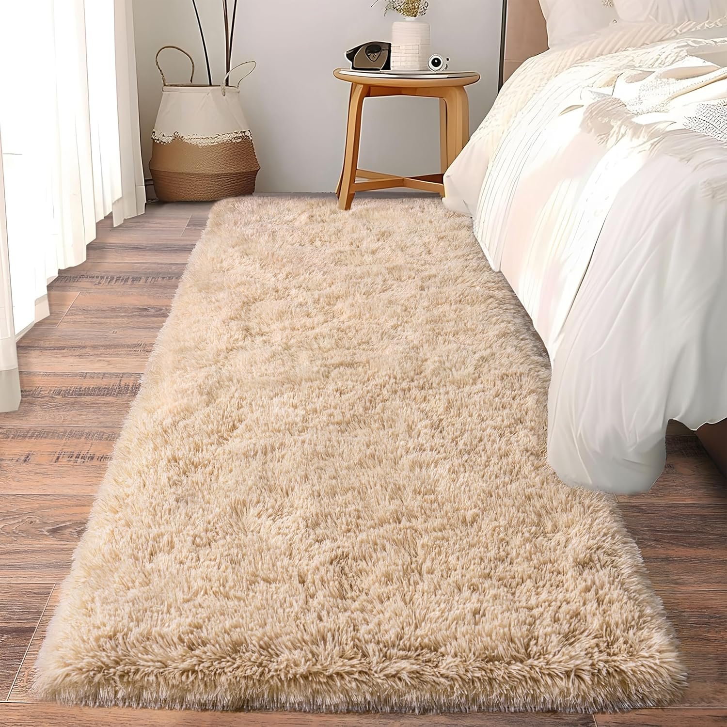 Soft Runner Rugs for Bedroom Hallways, 2×6 Beige Fluffy Shag Throw Area Rug Non Slip for Bedside Dorm, Long Shaggy Furry Carpet for Nursery Living Room