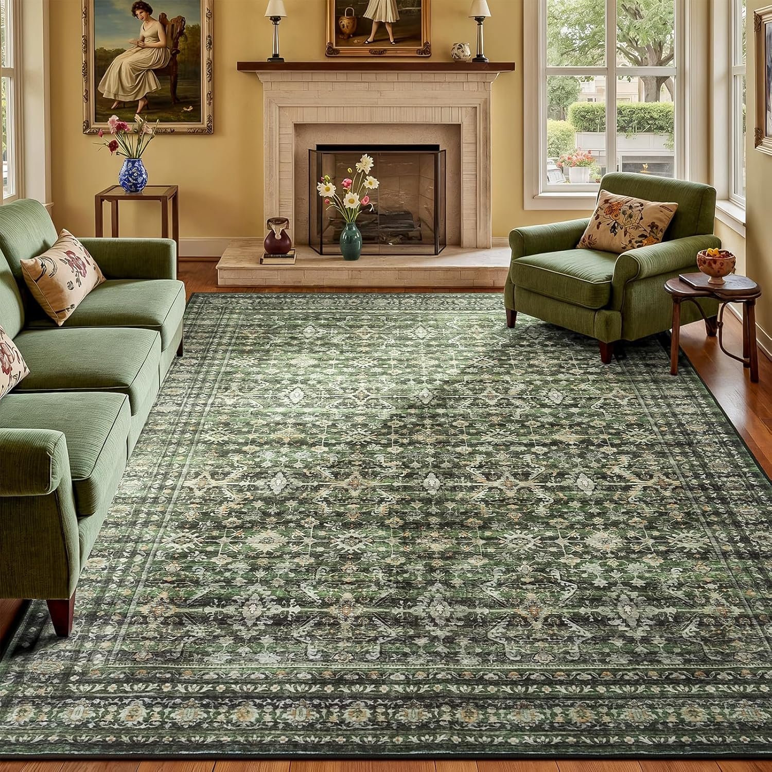 Lofus 8×10 Area Rug for Living Room,Green Washable Large Rugs with Non-Slip Backing,Soft Boho Carpets for Bedroom Dining Room Home Office Indoor Nursery