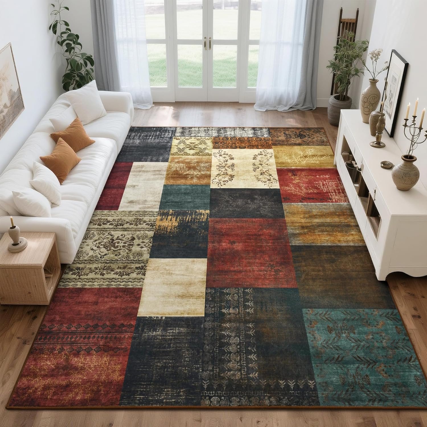 Tepook 4×6 Area Rugs for Living Room, Washable Large Geometric Colorful Bedroom Rug, Modern Patchwork Carpet Indoor Non Slip Throw Rug for Dining Room Office Home Decor