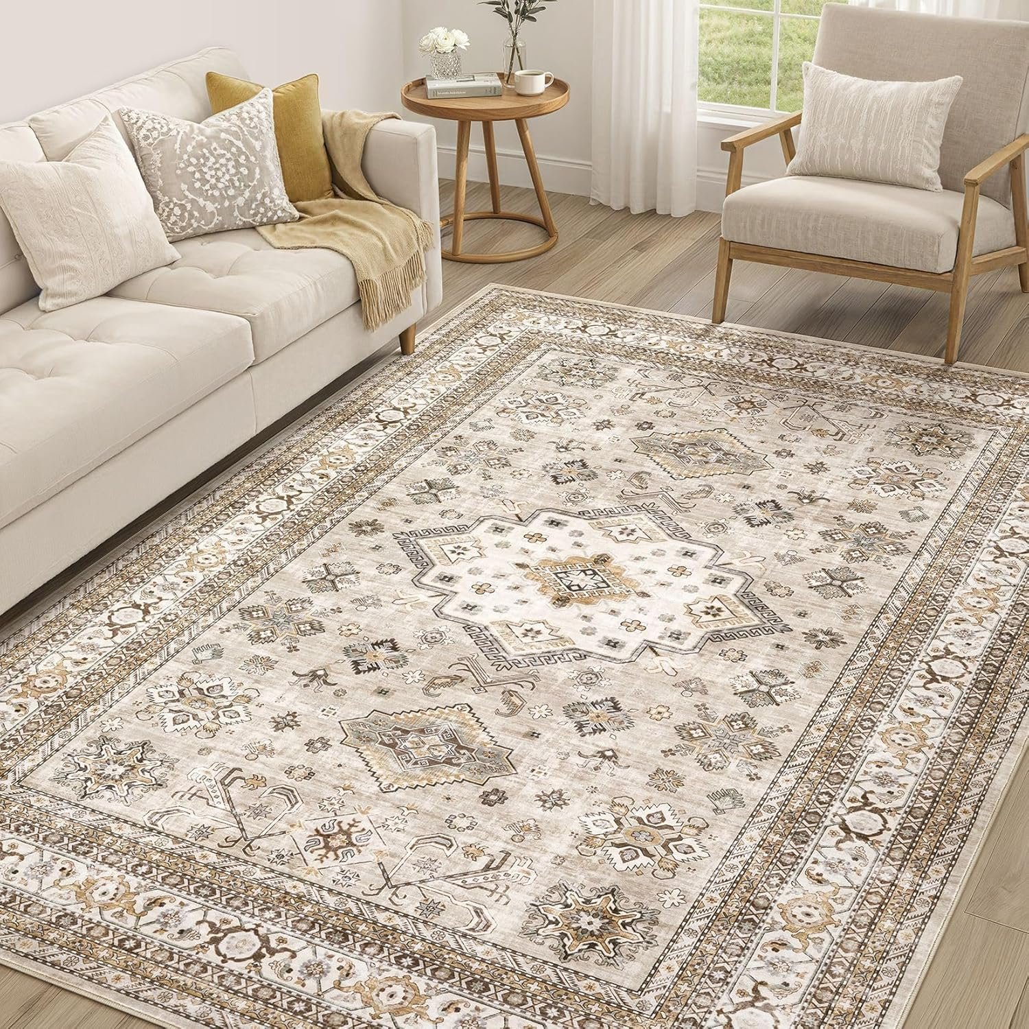 Vintage Living Room Area Rug 5×7 – Large Soft Washable Oriental Traditional Distressed Farmhouse Rugs for Bedroom – Indoor Floor Accent Carpet for Home Office House Decor – Beige