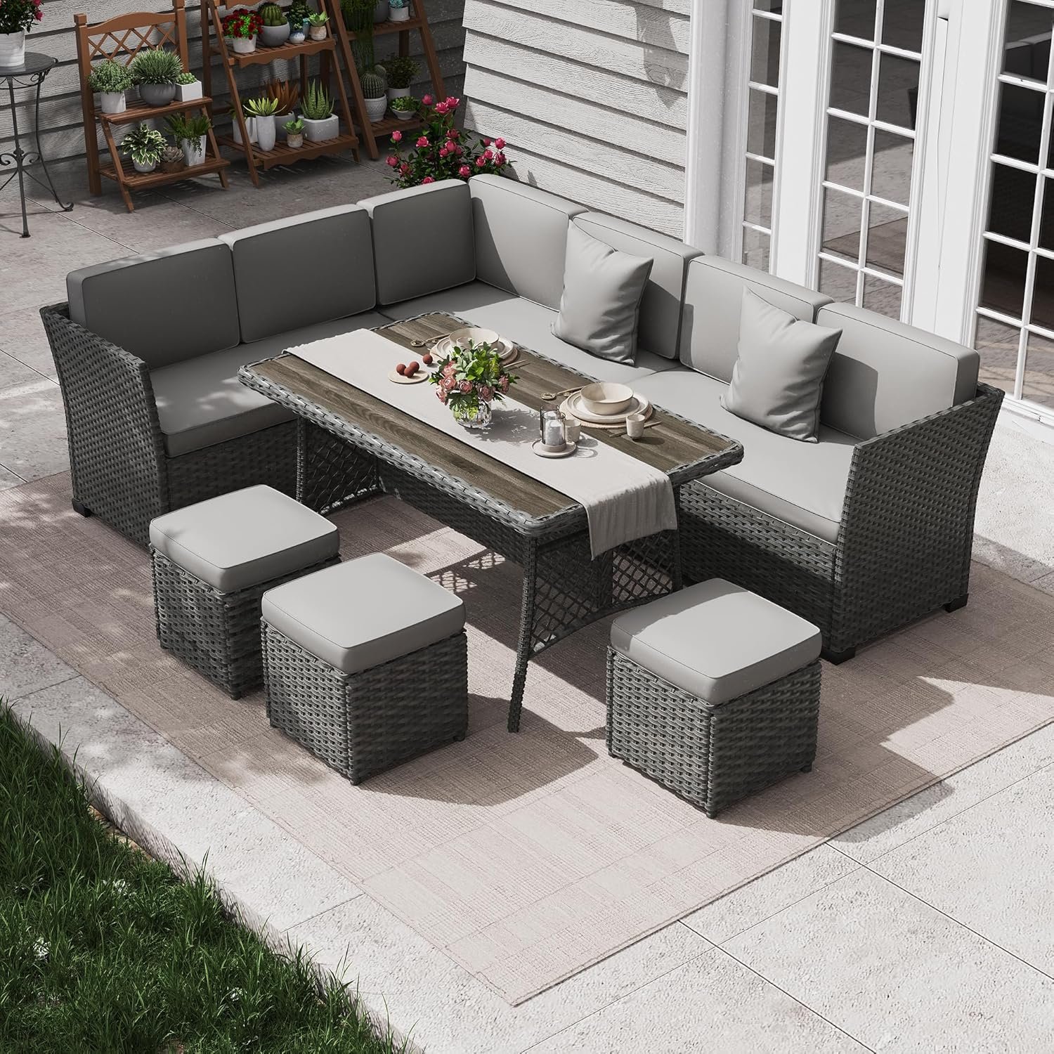 KIGOTY 7 Piece Patio Furniture Set, Outdoor PE Wicker Rattan Outdoor Dining Set, Patio Table and Chairs Set, Patio Conversation Sofa Set with Dining Table and Ottoman(Grey-Light Grey)