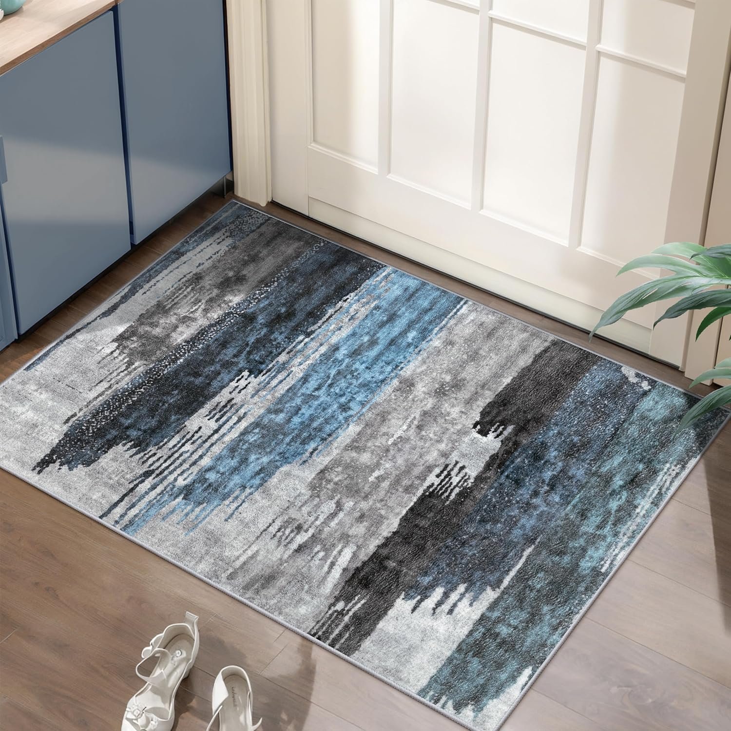 Ciicool Modern Abstract Area Rug 2×3 Washable Small Entryway Rug, Non-Slip Low Pile Throw Rug, Foldable Kitchen Bathroom Rugs, Blue Grey Floor Carpet for Entrance Living Room Bedroom Indoor Doormat