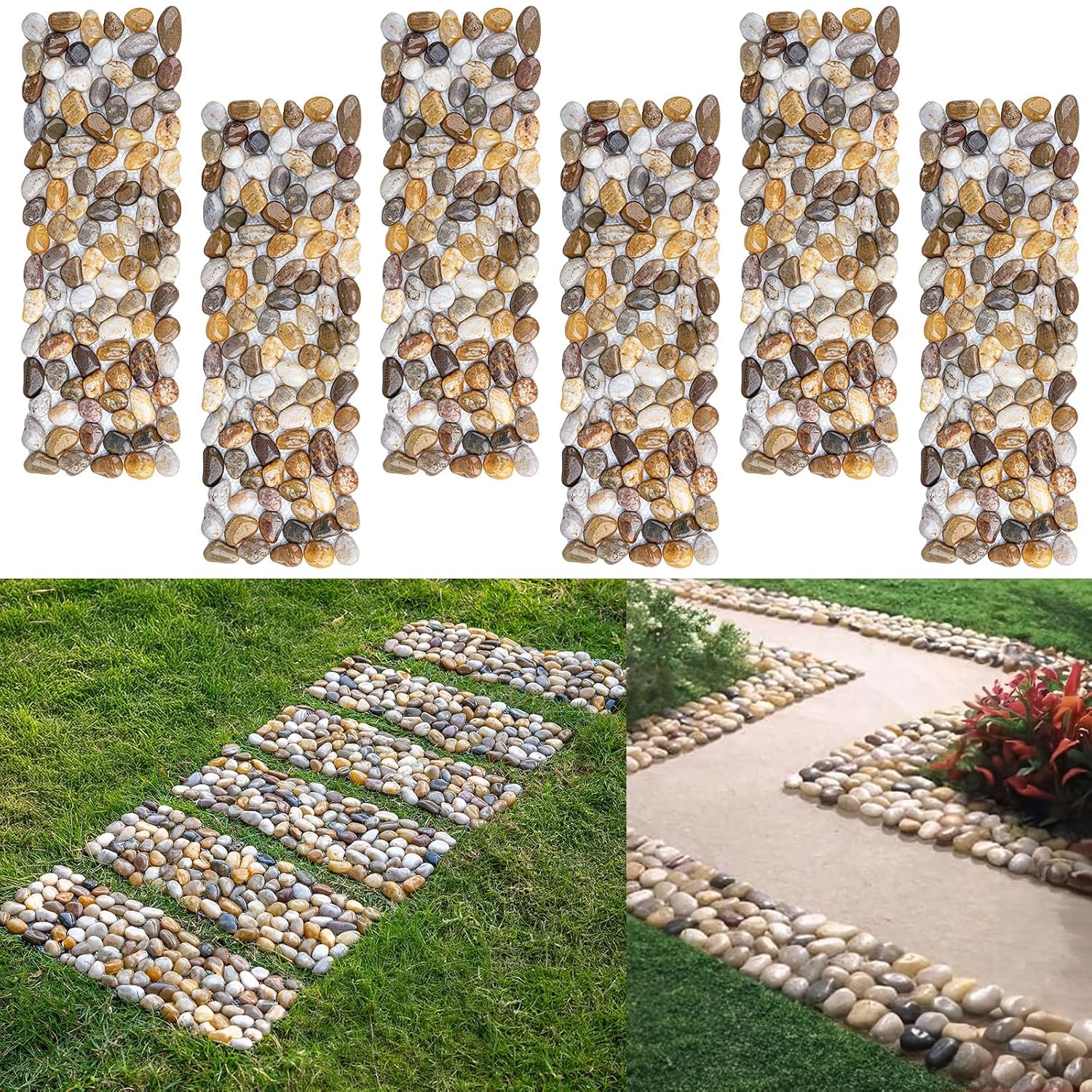 6 Pcs River Rock Stepping Stones, 16″ L x 5.5″ W Rectangles Natural Outdoor Pavers Pebbles Polished Gravel for Garden Walkway Pathway