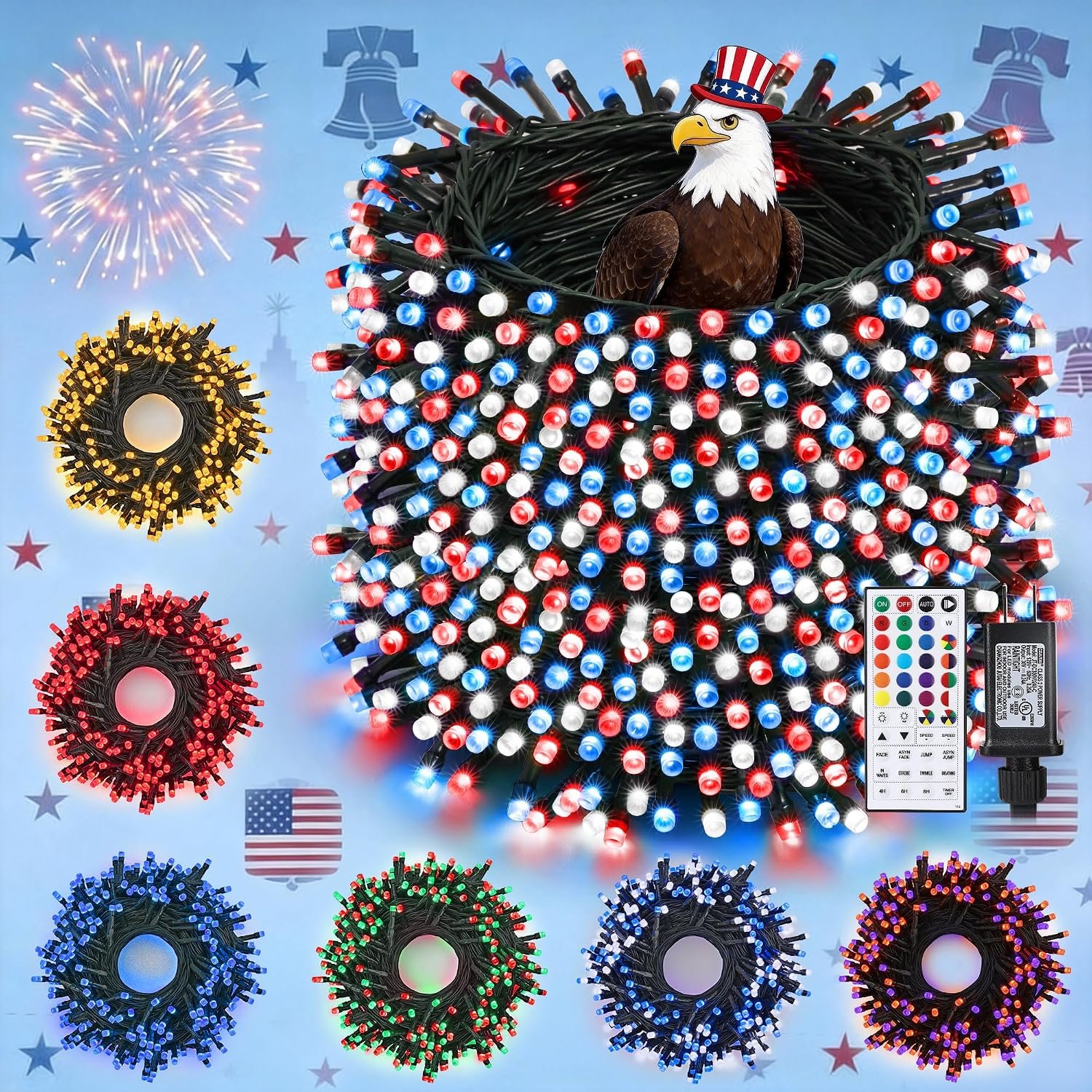 Toodour 4th of July String Lights, 115ft 350 LED RGB Color Changing String Lights with Remote & Timer, Waterproof Red White and Blue Lights for Home Yard Holiday Tree Party Indoor Outdoor Decoration