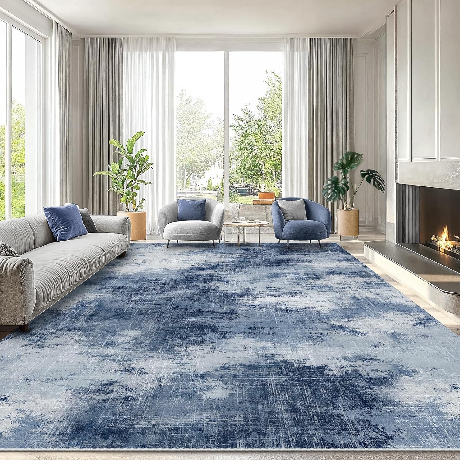 AMADA HOMEFURNISHING 8×10 Area Rugs for Living Room, Modern Washable Rug with Non-Slip Backing & Low Pile, Large Rug with Abstract Print Pattern for Bedroom, Dinning Room,Home Office, Dark Blue