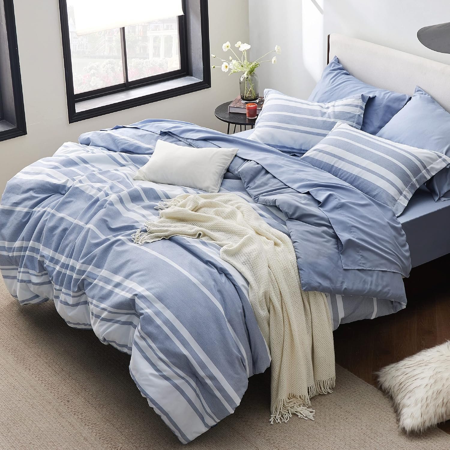 Bedsure Queen Comforter Set 7 Pieces, Blue Striped Bedding Set for All Seasons, Reversible, Cationic Dyeing Bed in a Bag with Comforter, Sheets, Pillowcases & Shams