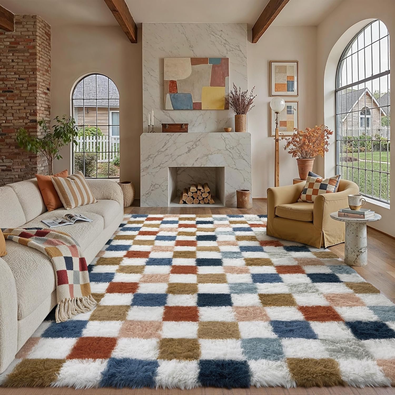 PureCozy Checkered Rug 8×10 for Living Room, Modern Rainbow Shag Rug Washable Non-Slip Large Area Rug Super Soft Indoor Fuzzy Carpet Fluffy Rugs for Bedroom Home Aesthetic Decor