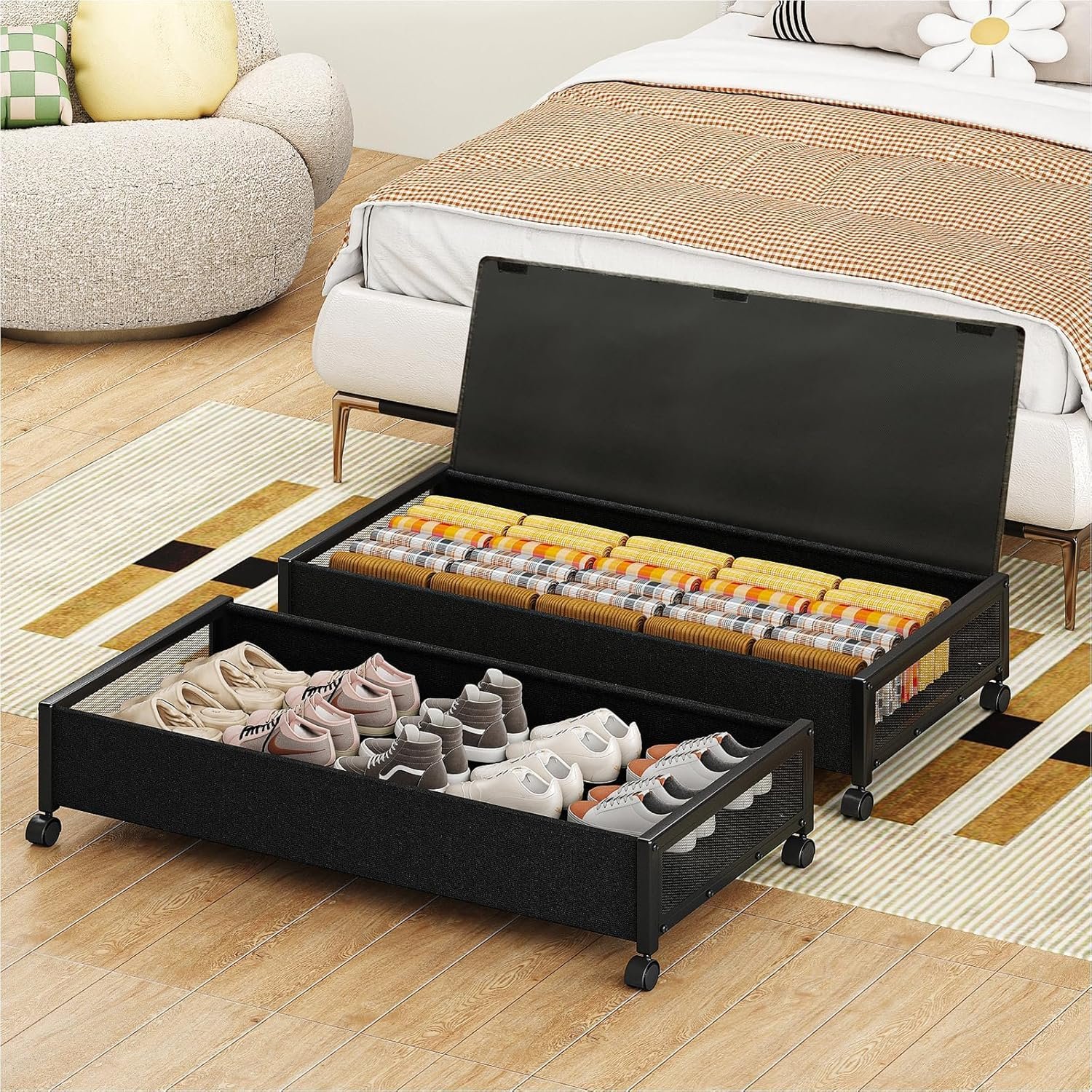 Fokyfok 2 Pack Under the Bed Storage Containers,36 inch Long Underbed Storage with Wheels,7.3 inch Height Under Bed Shoe Storage,Large Rolling under bed Clothes Storage Drawers with Lid for Dorm,Black