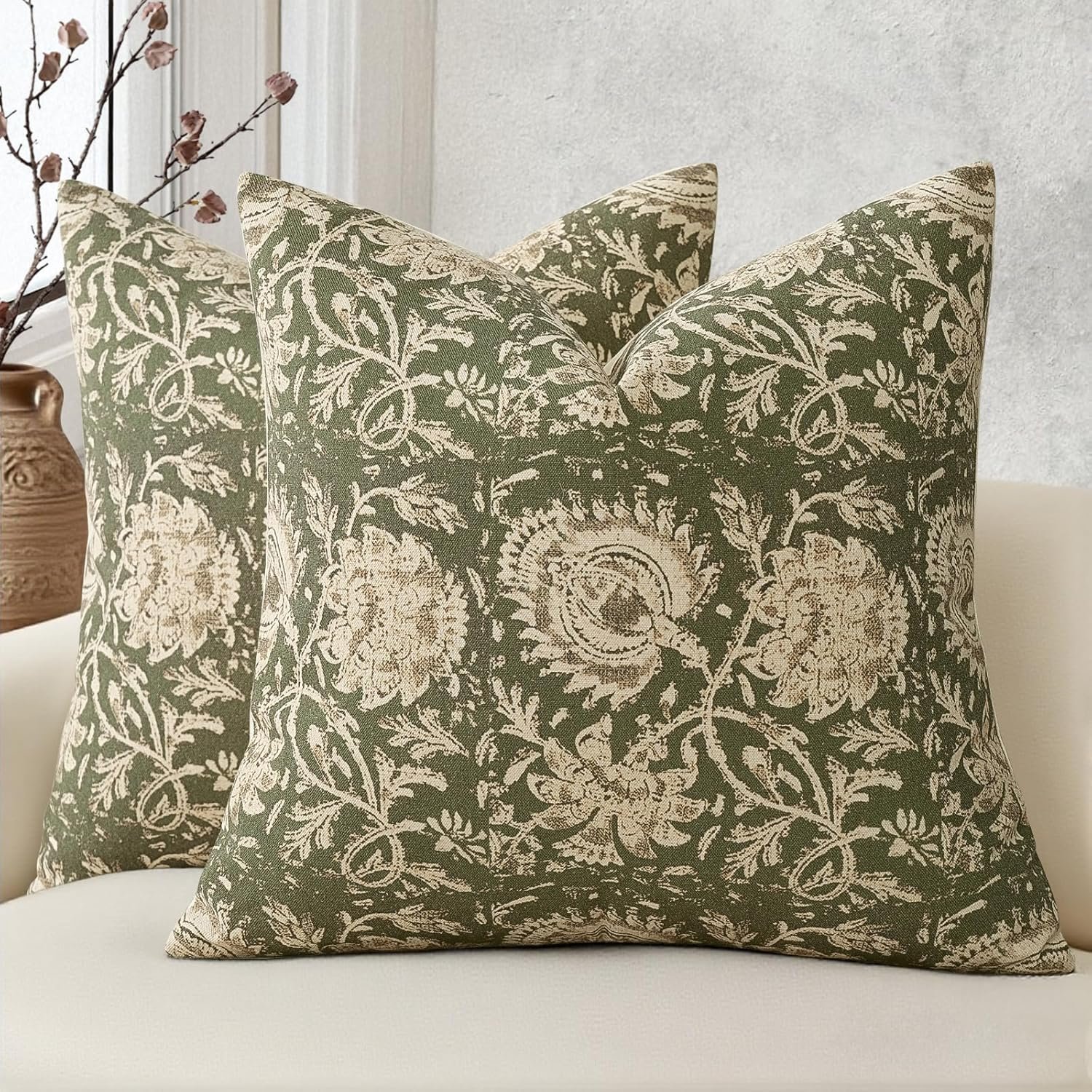 Vintage Floral Print Throw Pillow Covers 18×18 Set of 2 Neutral Modern Farmhouse Pillowcases Accent Decorative Cushion Covers Boho Home Decor for Couch Sofa Chair Bed Living Room, Olive Green