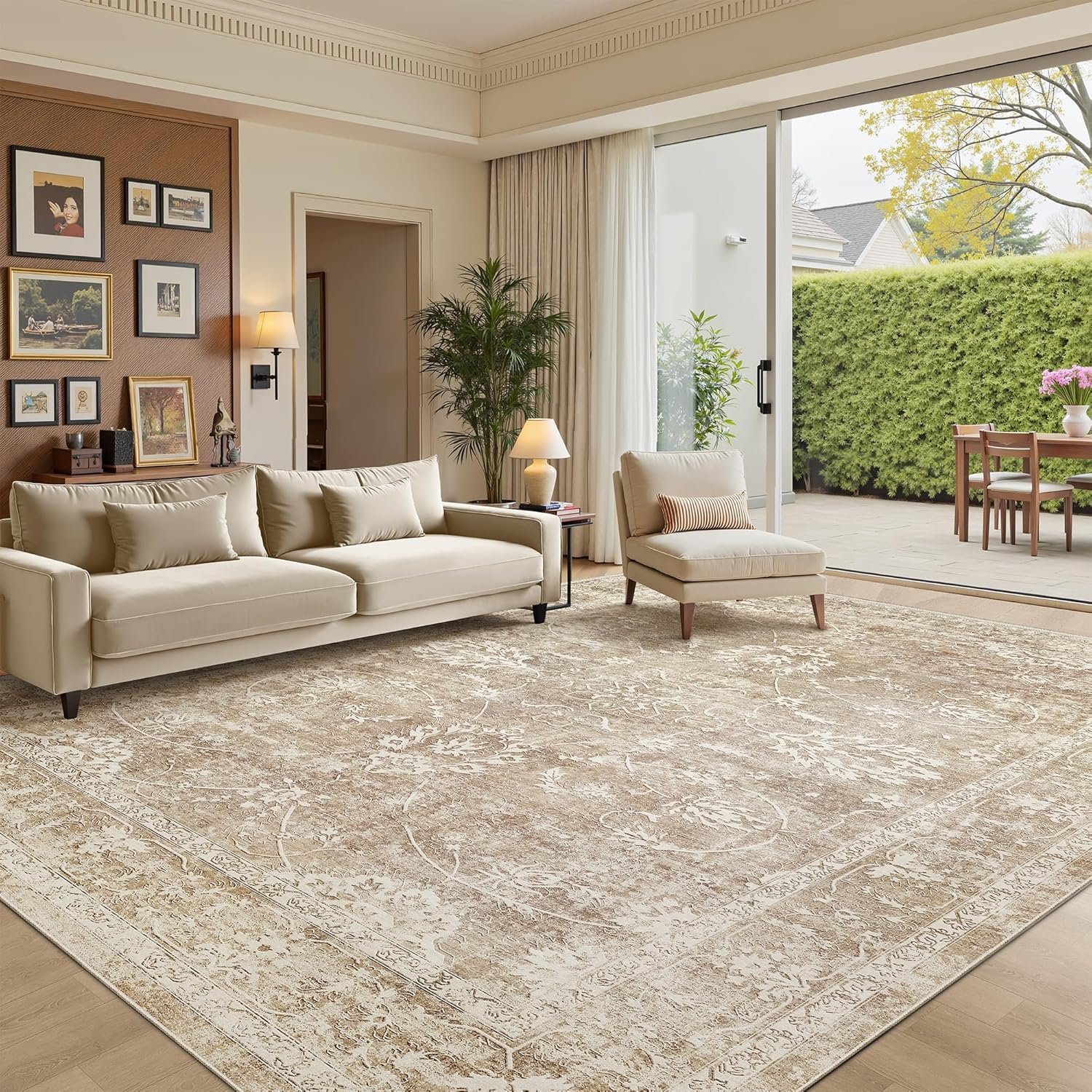 Madane 8×10 Area Rugs for Living Room, Machine Washable Vintage Neutral Rug with Non-Slip Backing, Soft Large Throw Rug, Thin Carpet for Bedroom Dining Room Farmhouse (8 x 10, Beige/Brown)