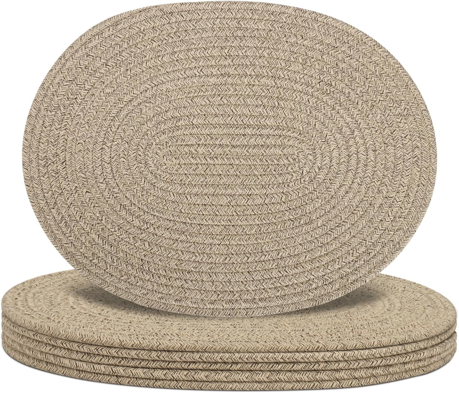 Oval Woven Placemats Set of 6, Boho Cotton Rope Braided Table Mats, 17×13 Inches Non Slip Heat Resistant Place Mats for Dining Room, Thick Hot Pads for Farmhouse Kitchen Table Decor. (Brown)