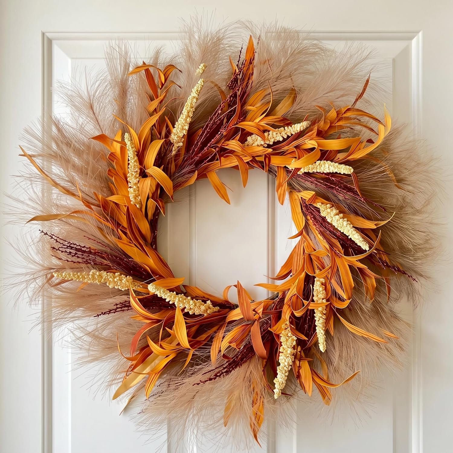Perfnique Fall Wreath for Front Door, 18” Autumn Wreath for Door Decor, Faux Pampas Wreath for Fall Decor, Boho Wall Decor, Farmhouse Pampas Grass Garland for Home Outdoor Thanksgiving Decoration